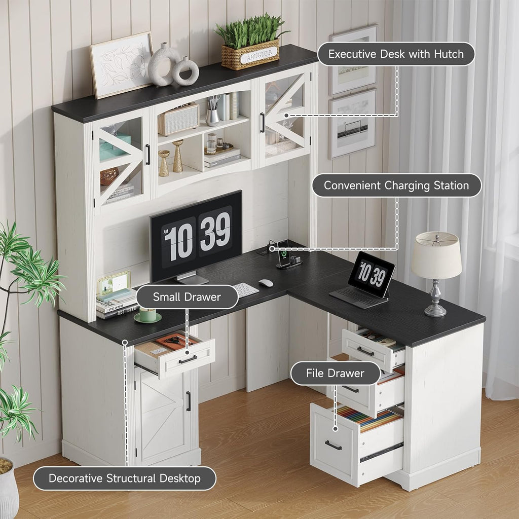 ONBRILL 72' L-Shaped Executive Desk with Hutch, Farmhouse L-Shaped Computer Desk with 4 Drawers, File Drawer and Power Outlet, Home Office Computer Desk for Living Room,Study Room (Off White& Black)