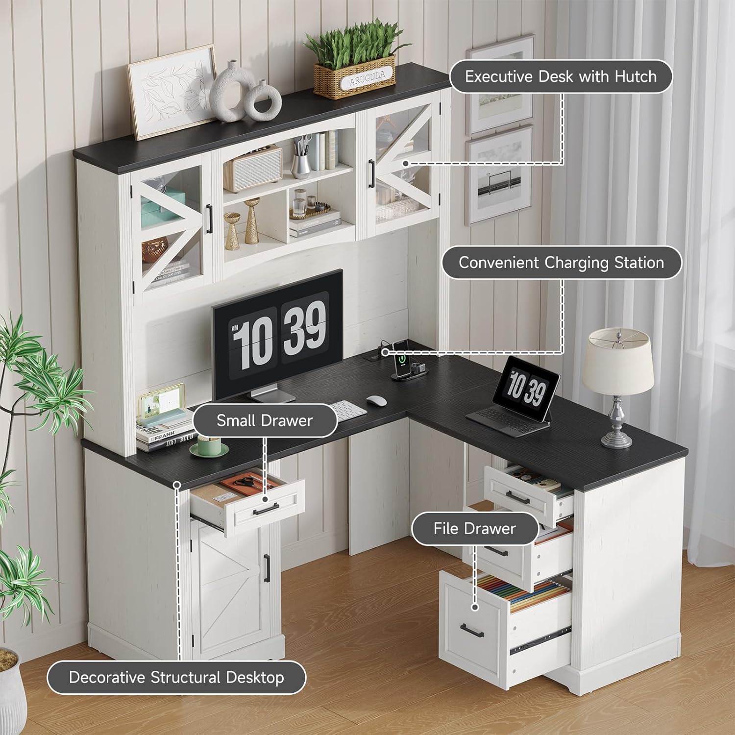 ONBRILL 72' L-Shaped Executive Desk with Hutch, Farmhouse L-Shaped Computer Desk with 4 Drawers, File Drawer and Power Outlet, Home Office Computer Desk for Living Room,Study Room (Off White& Black)