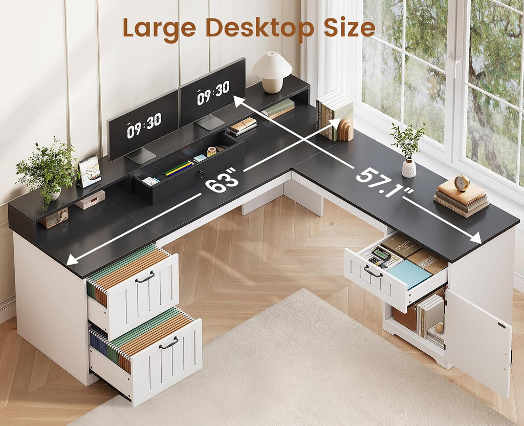 SEDETA 63' L Shaped Desk with Drawers, Farmhouse Office Desk with File Drawers, Wood Corner Computer Desk with Storage, Home Office Desk with Monitor Stand and Storage Cabinet, Black and White