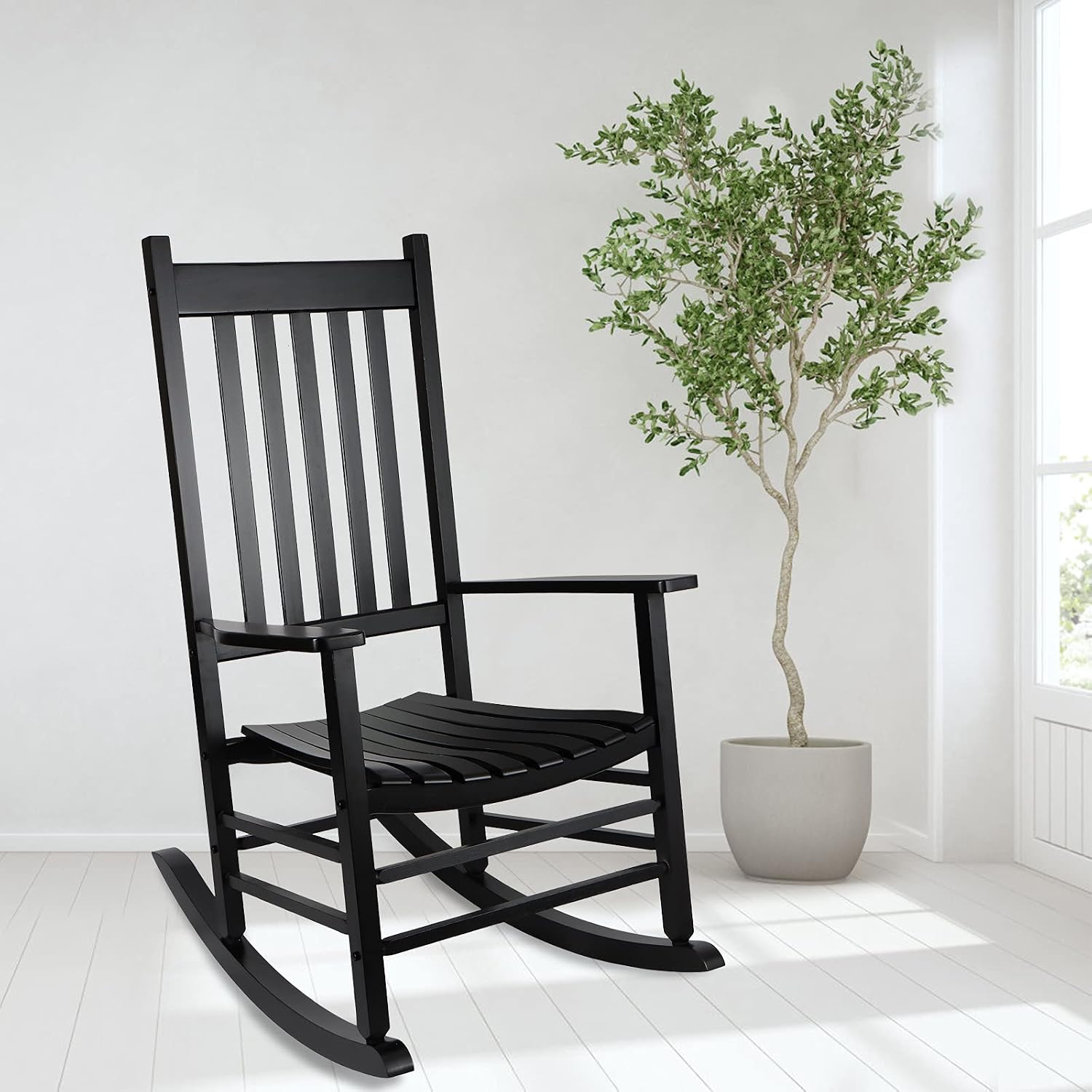 GnL Recsports Patio Rocking Chair, Outdoor Rocking Chair, Wood Porch Rocker, Wooden Rocking Chair for Adult for Garden, Lawn, Balcony, Backyard and Patio (2 Black)