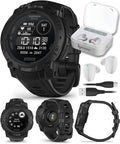 Garmin Instinct 3 Tactical Edition, Solar Charging Display, 45mm, Rugged Outdoor GPS Smartwatch, Applied Ballistics Support, LED Flashlight, Multi-Band GPS White Earbuds Bundle