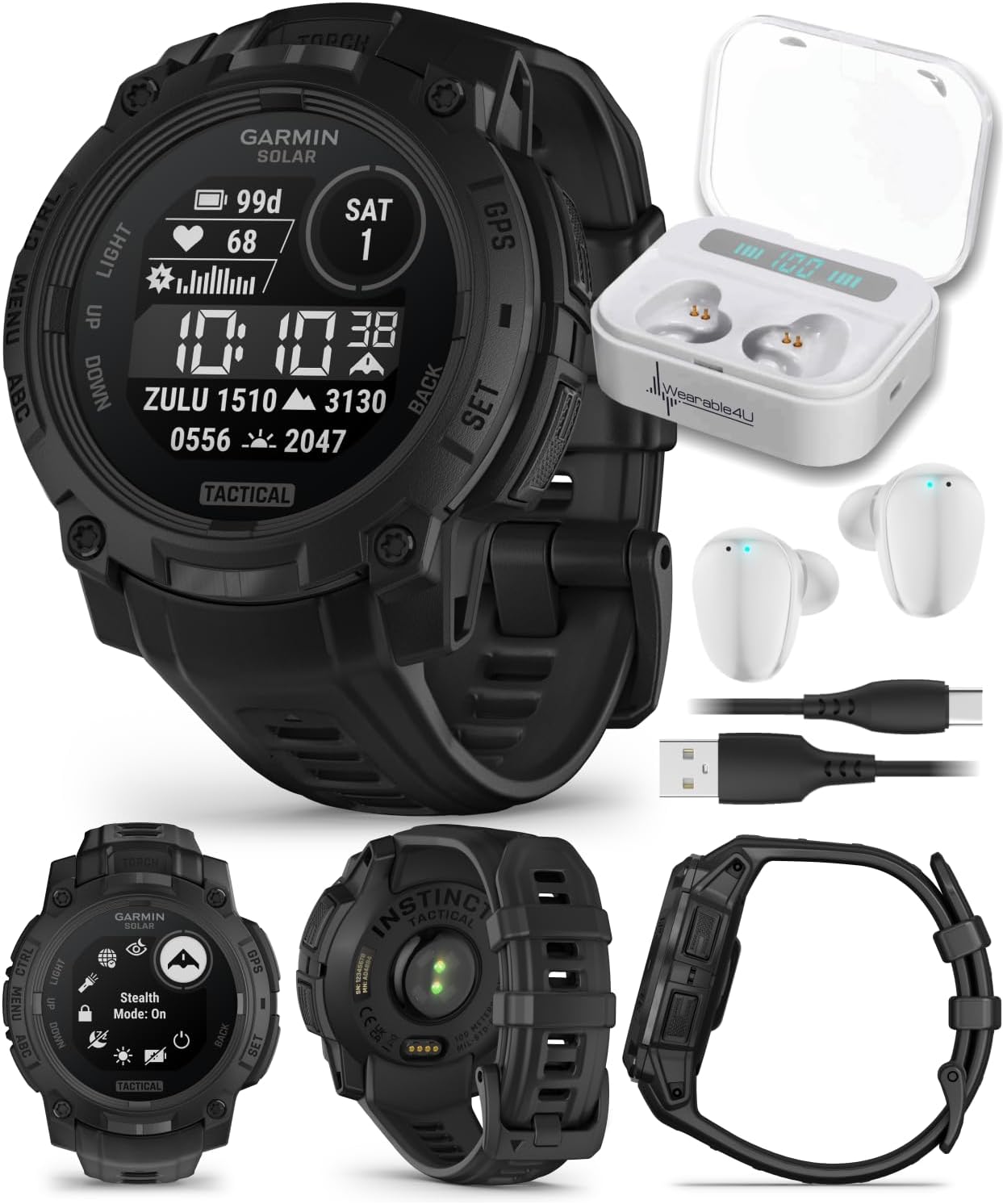 Garmin Instinct 3 Tactical Edition, Solar Charging Display, 45mm, Rugged Outdoor GPS Smartwatch, Applied Ballistics Support, LED Flashlight, Multi-Band GPS White Earbuds Bundle