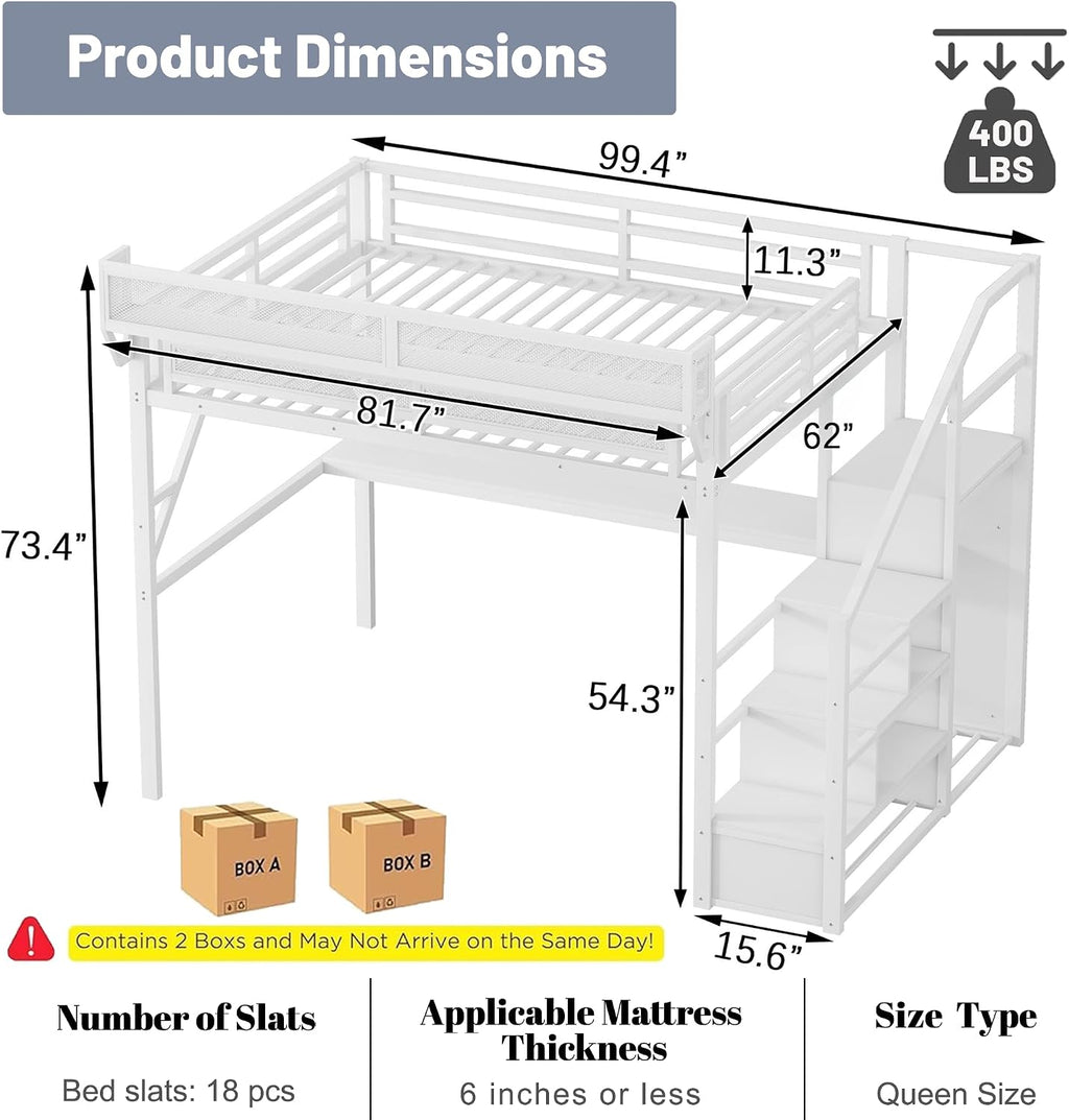 Queen Loft Bed with Desk and Stairs, Metal Lofts Bed Queen Size with Upper Storage Shelf, Gaming LoftBed with LED, Charging Station and Wardrobe for Teens, Adults,White