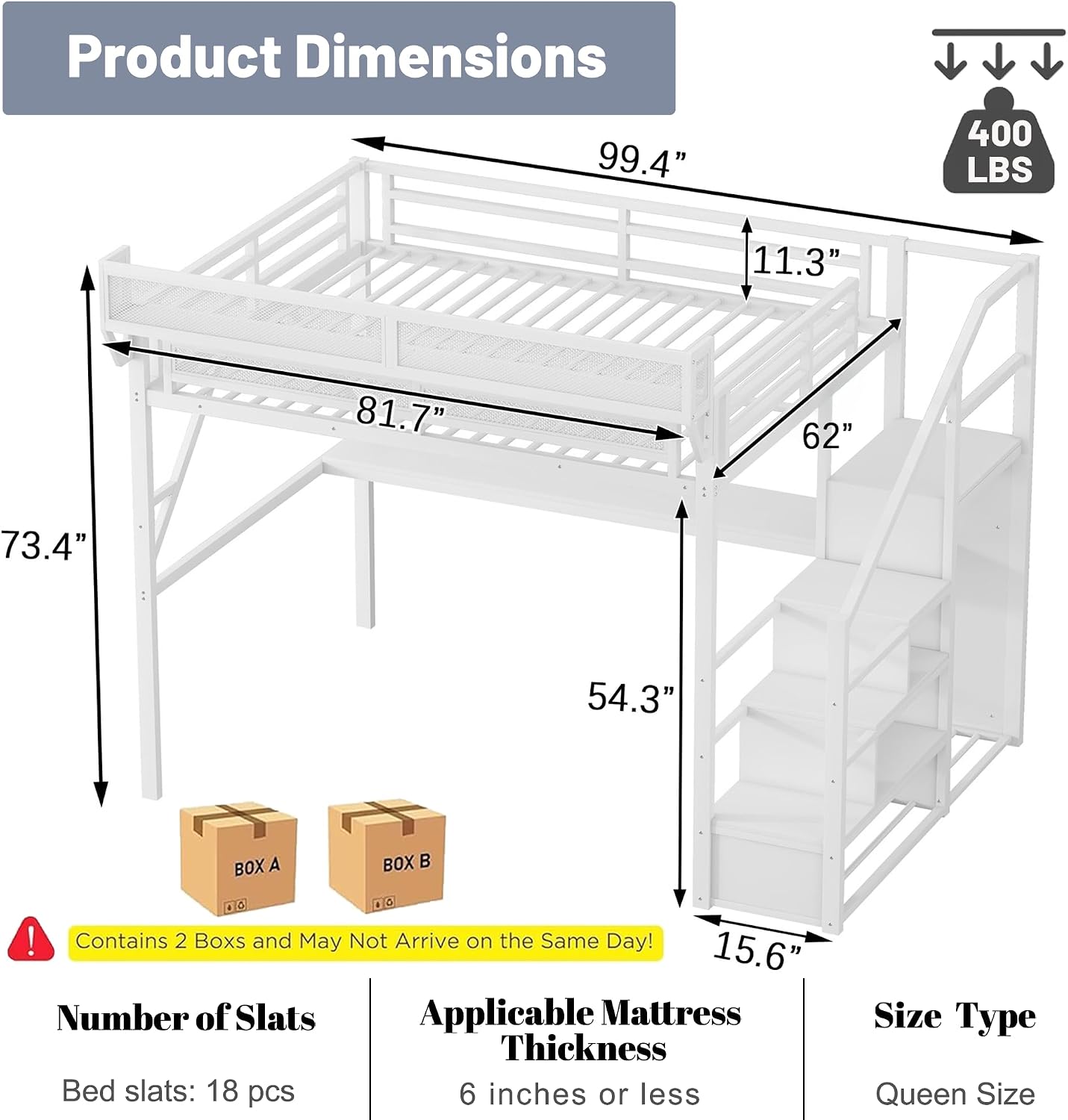 Queen Loft Bed with Desk and Stairs, Metal Lofts Bed Queen Size with Upper Storage Shelf, Gaming LoftBed with LED, Charging Station and Wardrobe for Teens, Adults,White