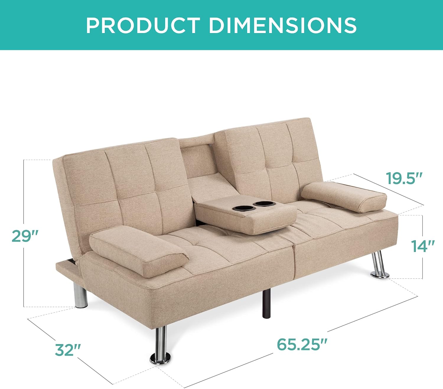 Best Choice Products Linen Modern Folding Futon, Reclining Sofa Bed for Apartment, Dorm w/Removable Armrests, 2 Cupholders - Beige
