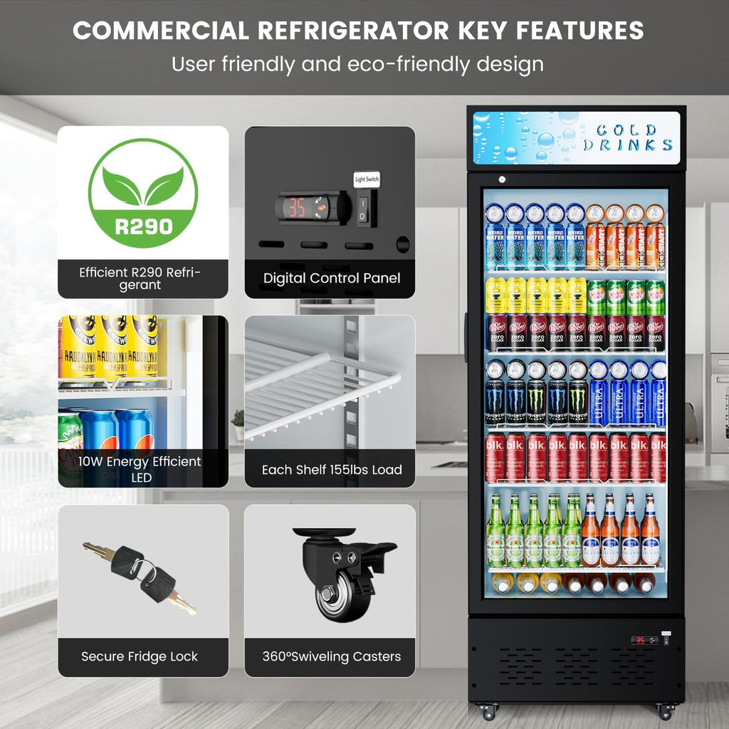 Commercial Beverage Refrigerator, 15 Cu.ft.Display Fridge Glass Door Upright Display Door with Adjustable Shelves LED Light for Restaurant,Grocery Stores,Office