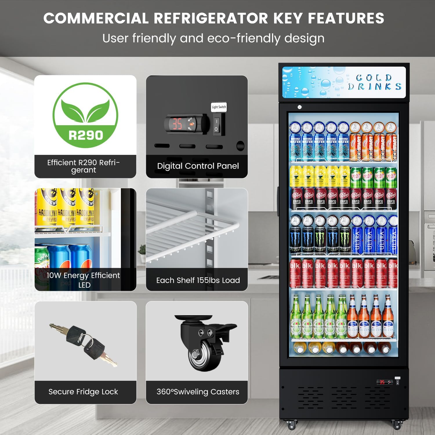 Commercial Beverage Refrigerator, 15 Cu.ft.Display Fridge Glass Door Upright Display Door with Adjustable Shelves LED Light for Restaurant,Grocery Stores,Office
