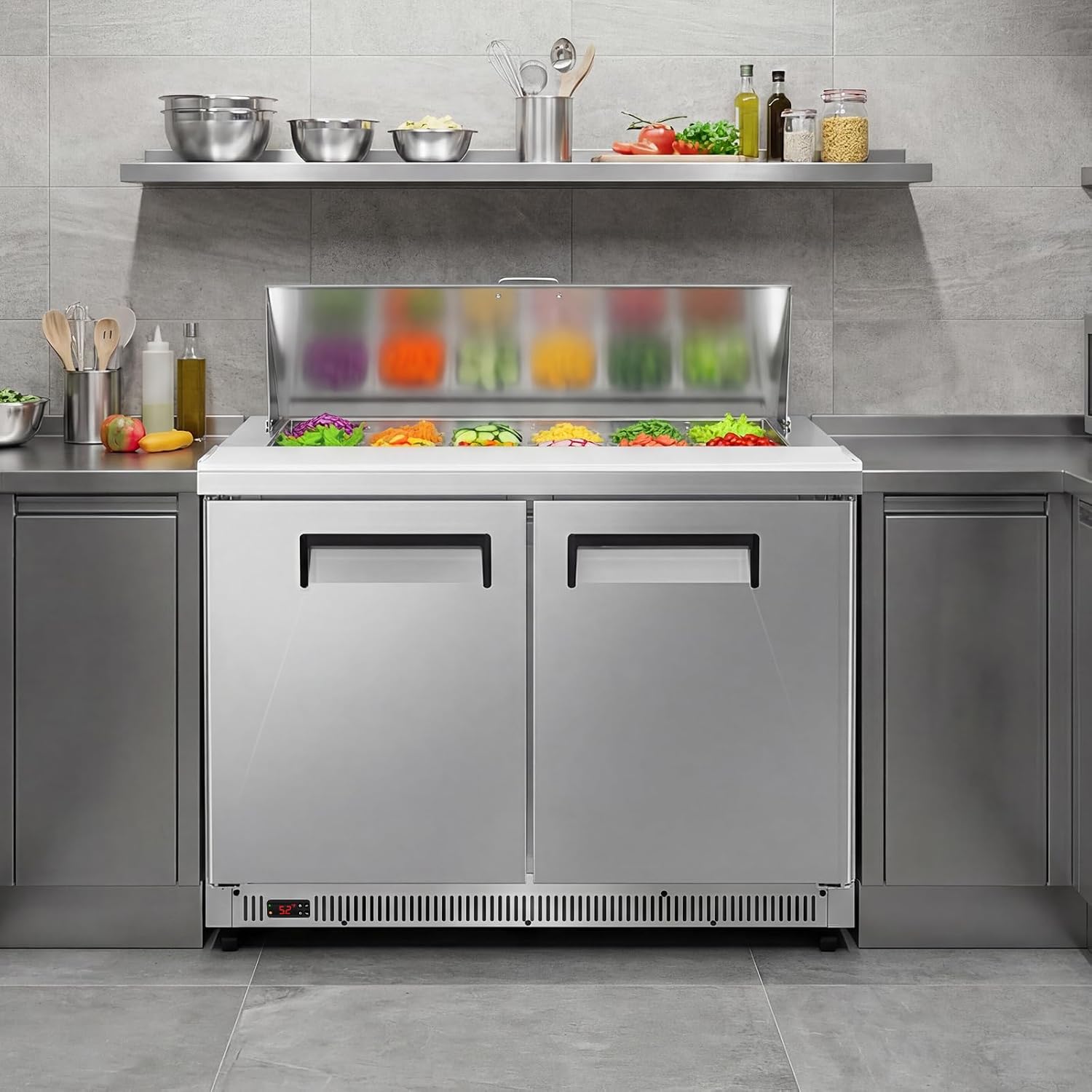 Tylza 48' Commercial Refrigerator, 12.7 Cu.Ft Sandwich Salad Prep Table, Mega Top Worktop Fridge w/ 12 Pans & Cutting Board, 2-Door Stainless Steel Salad Prep Cooler for Restaurant & Food Truck