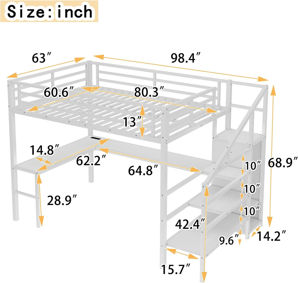 Metal Queen Size Loft Bed with Desk and Stairs,Heavy Duty Loft Bed Frame with Wardrobe and LED Lights for Adults,Teens,Kids,Space Saving,Queen Size,White