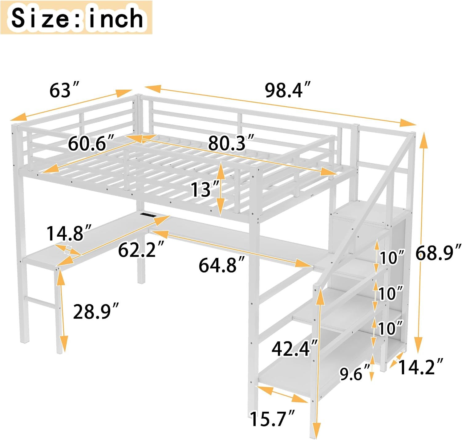 Metal Queen Size Loft Bed with Desk and Stairs,Heavy Duty Loft Bed Frame with Wardrobe and LED Lights for Adults,Teens,Kids,Space Saving,Queen Size,White