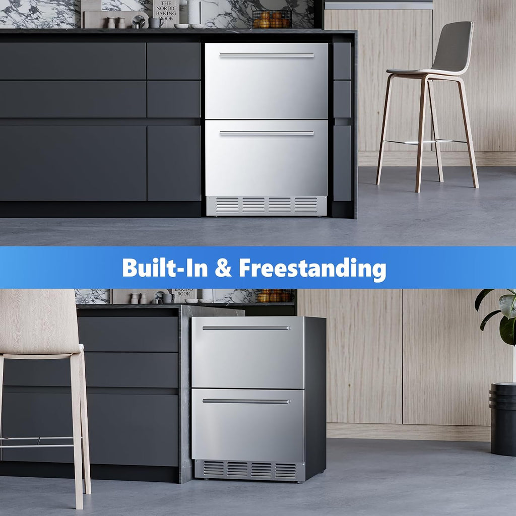 COWSAR Under Counter Double Drawer Refrigerator, 24 Inch Weather Proof Outdoor Beverage Fridge, Built-in Stainless Steel Beverage Cooler, 145 Cans for Kitchen & Commercial, Silver