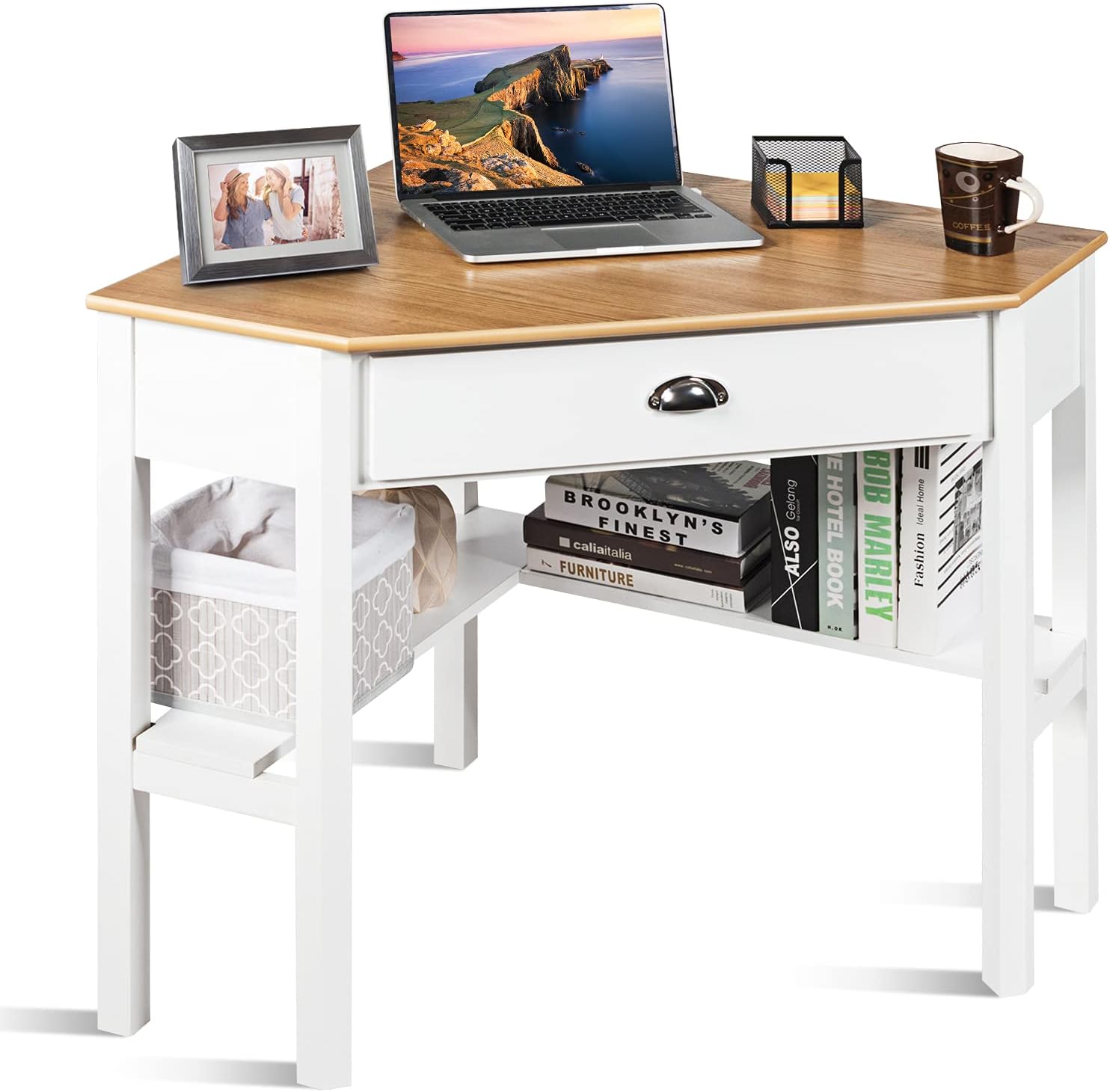 COSTWAY Corner Desk with Drawer for Small Space, Writing & Office Use, White Wooden Vanity Desk (Natural)