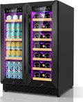 24'' Wine and Beverage Refrigerator, 4.2 Cu. Ft. Dual Zone Wine Fridge with RGB Lights French Door Intelligent Control Advanced Compressor Under Counter Cooler for Outdoor Kitchen Bar Gift Black