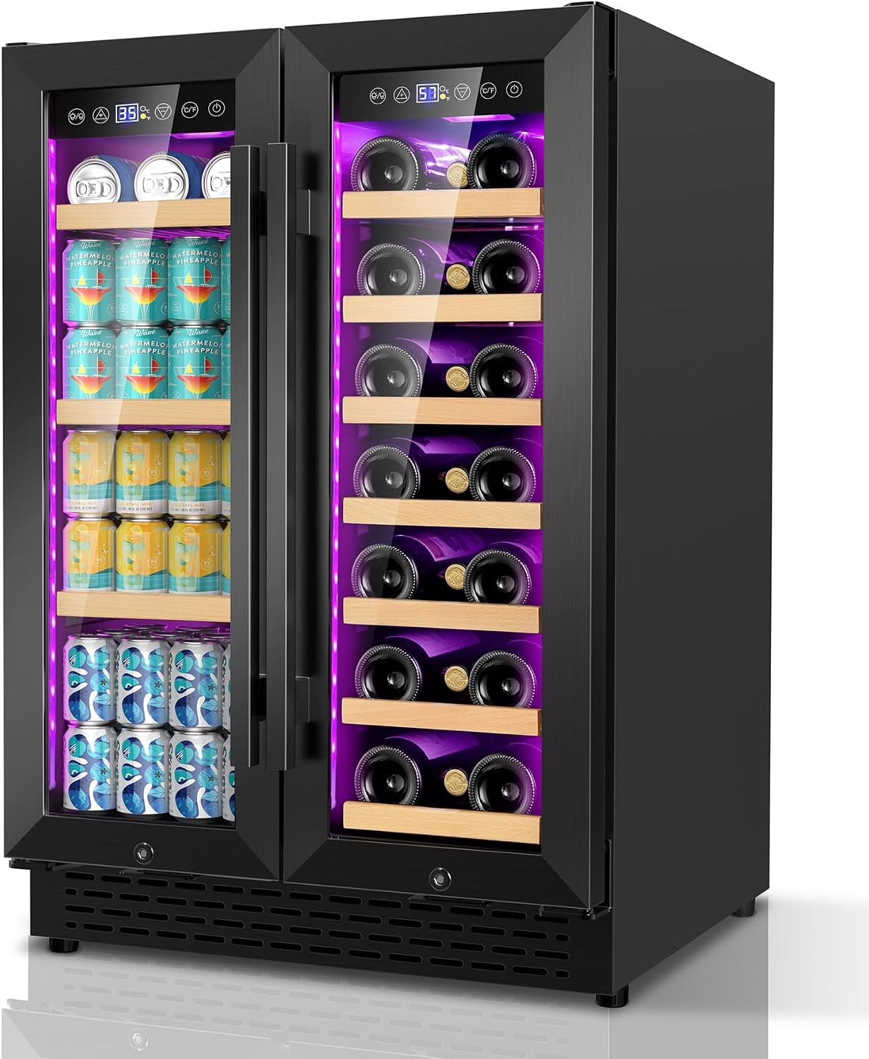 24'' Wine and Beverage Refrigerator, 4.2 Cu. Ft. Dual Zone Wine Fridge with RGB Lights French Door Intelligent Control Advanced Compressor Under Counter Cooler for Outdoor Kitchen Bar Gift Black
