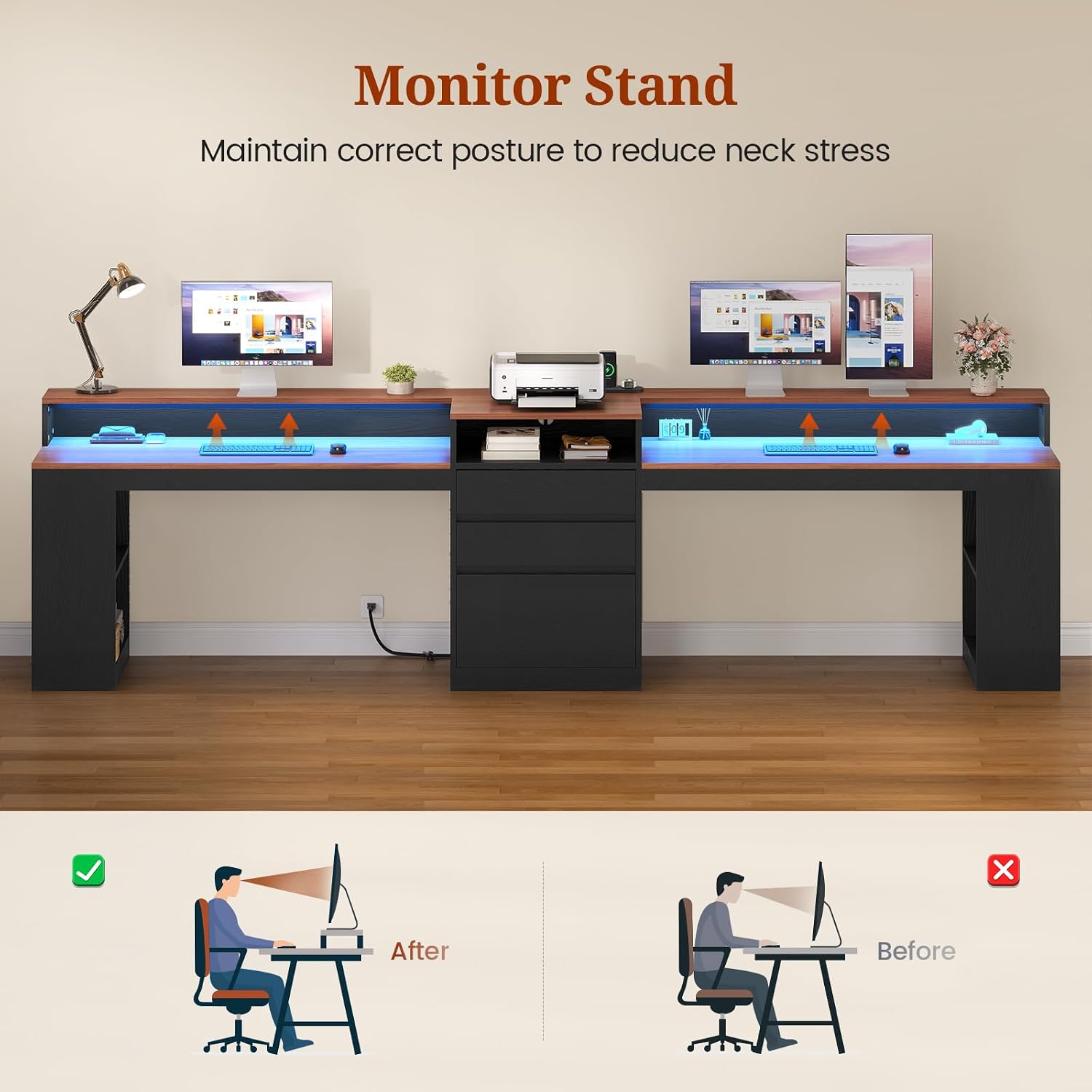 96.6' Long Computer Desk, 2 Person Desk with LED Lights & Power Outlet, Modern Two Person Gaming Desk with File Drawers, Monitor Stand, Printer Shelf ＆ Storage, Double Table for Home Office Black
