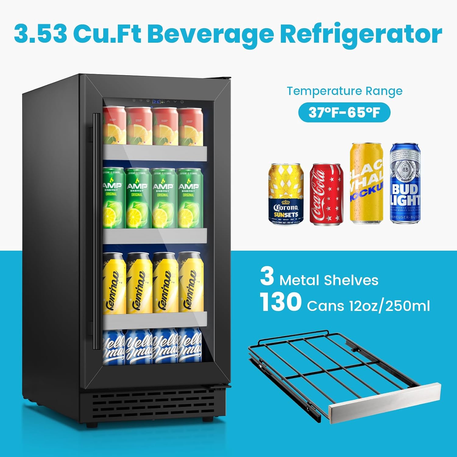 15 Inch Black Beverage Refrigerator, 130 Cans Beverage Cooler Under Counter,Freestanding 37-65°F Mini Beverage Fridge with Glass Door& Stainless Steel Shelves