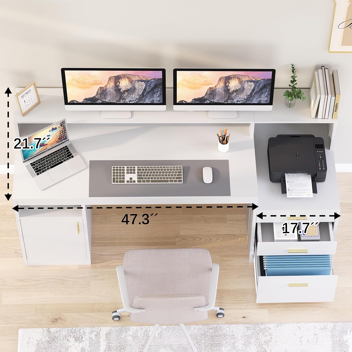 YOMILUVE Computer Desk with 3 Drawer & Storage Shelves, Home Office Desk with File Drawer & Cabinet, Writing Study Table with Long Monitor Stand & Printer Shelf, Executive Desk, White