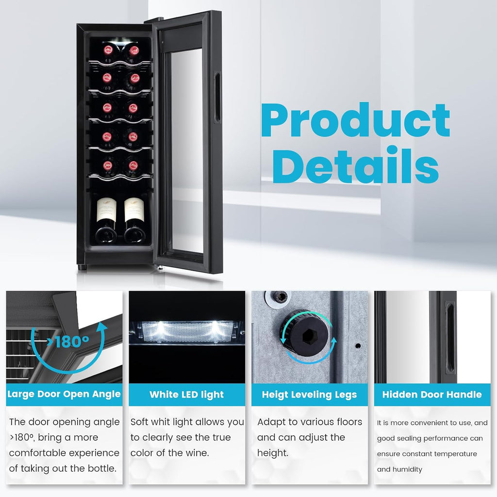 11 Inch Wine Fridge Under Counter, 12 Bottle Wine Refrigerator Cooler, Mini Wine Cellar Built in/Freestanding with Glass Door &Quiet Operation Compressor for Beer Soda Drink Bar