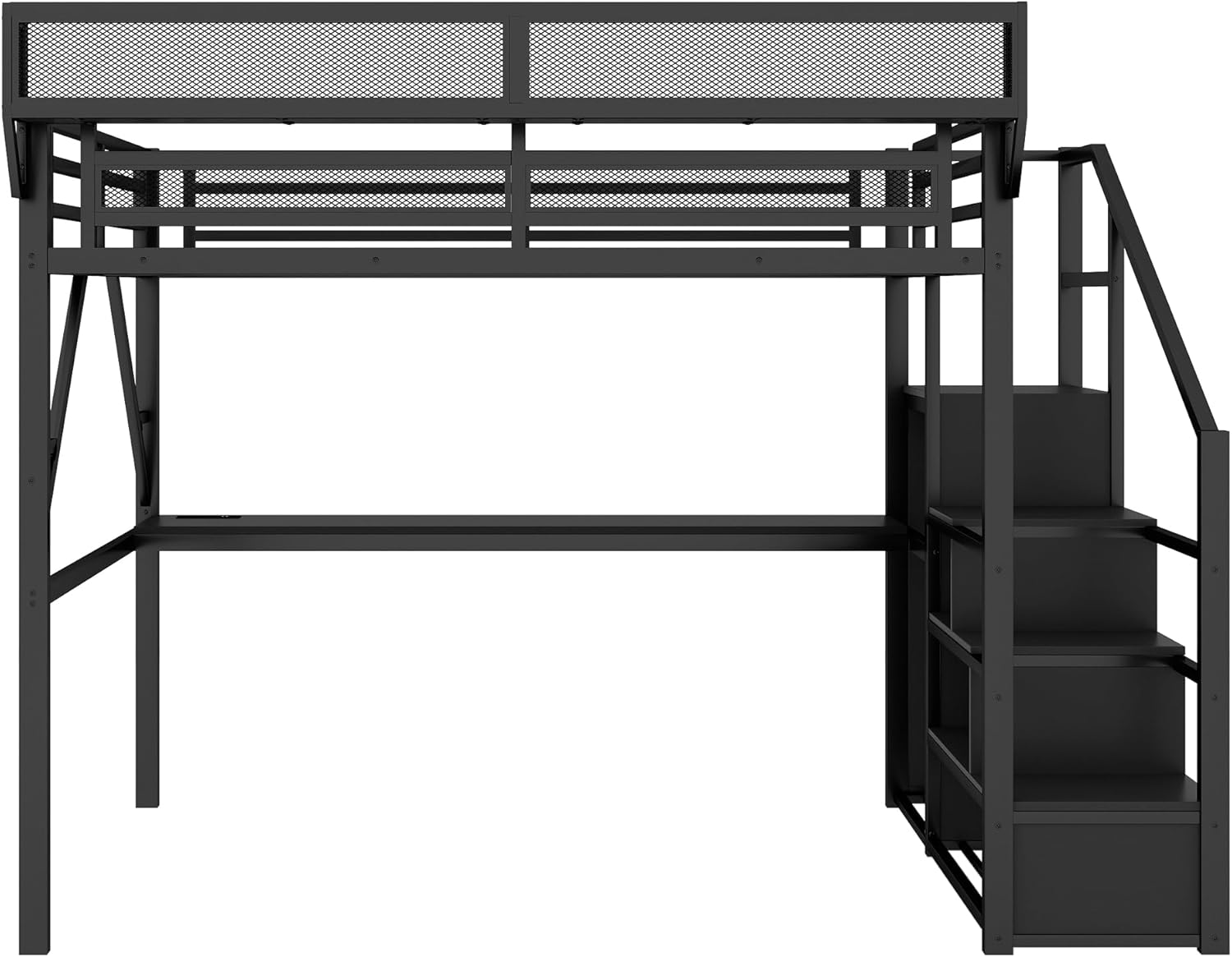 Queen Loft Bed with Desk and Stairs, Metal Lofts Bed Queen Size with Upper Storage Shelf, Gaming LoftBed with LED, Charging Station and Wardrobe for Teens, Adults,Black and Black Stairs