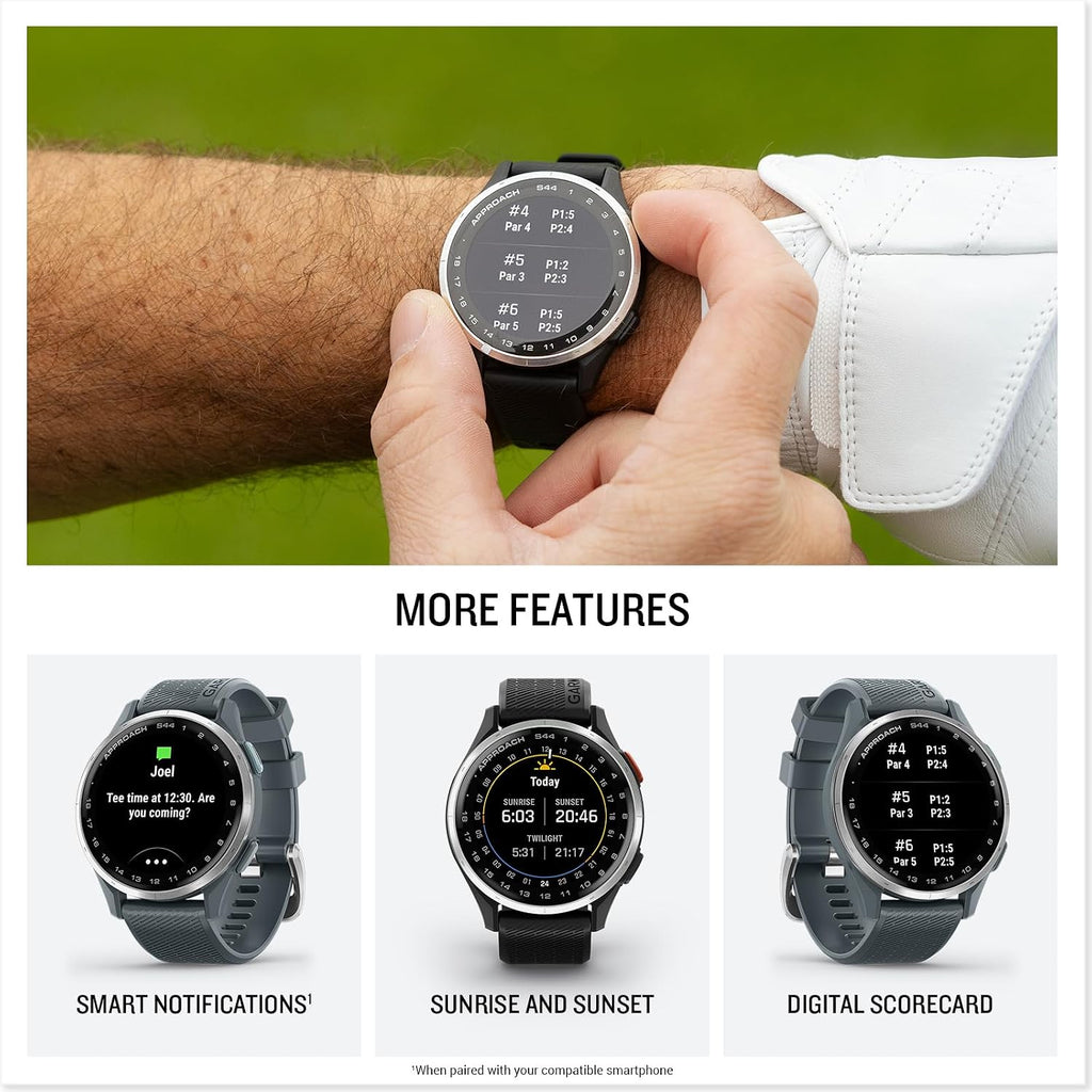 Garmin Approach S44 Essential Golf GPS Smartwatch | AMOLED Touchscreen Display | On-Course Features and Signature Series Power Bundle | Black Silicone Band