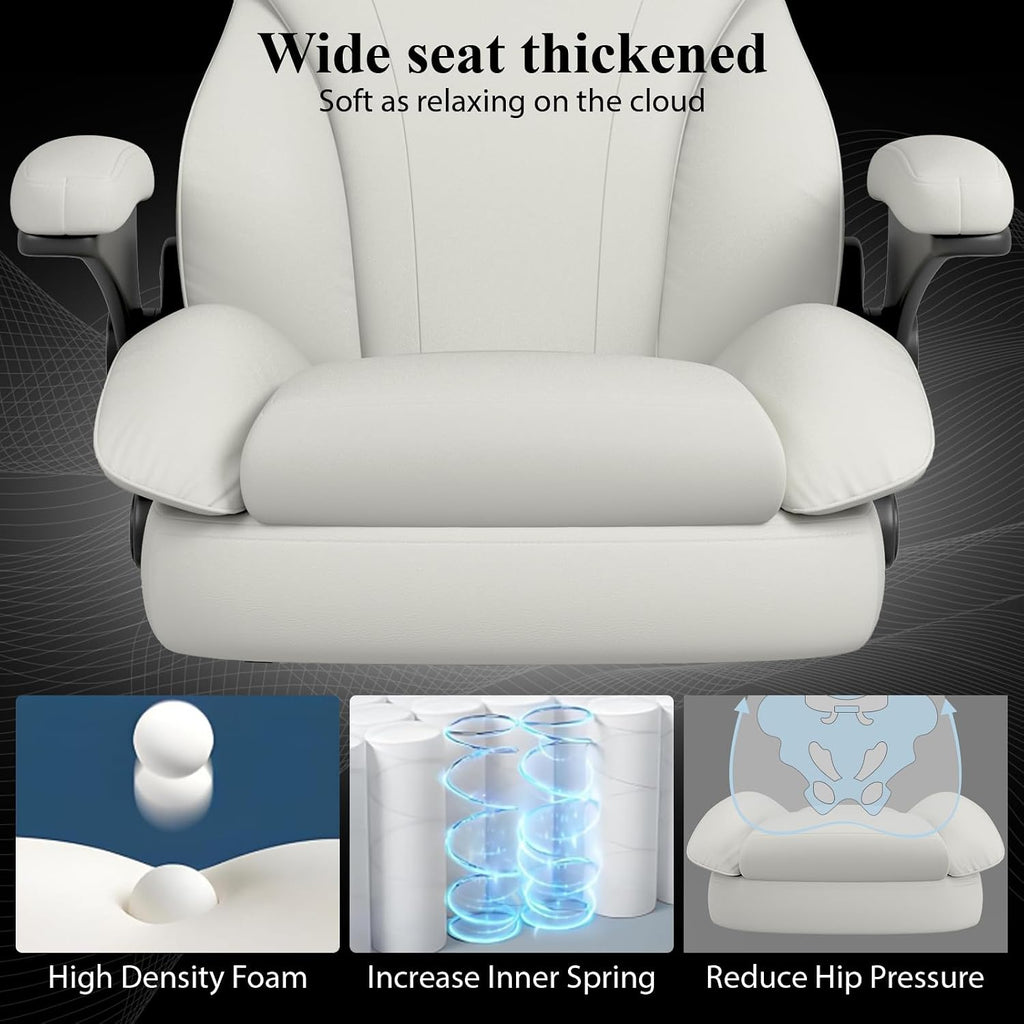 Office Desk Chair, Executive Leather Office Chair, High Back Ergonomic Home Desk Chair with Padded Flip-up Arms, Big and Tall Computer Chair with Rocking Function, 360°Swivel Free, White