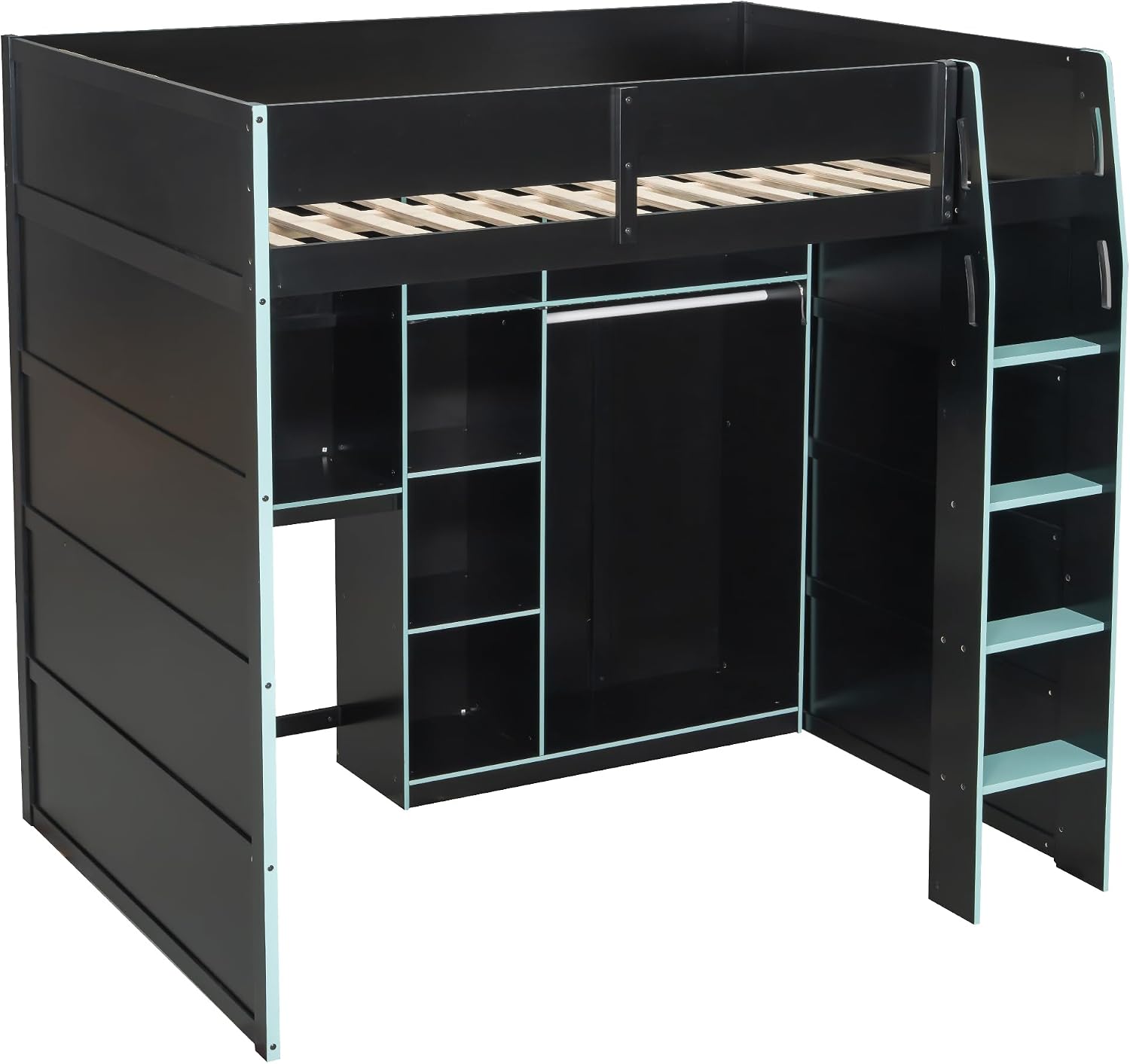 Merax Wood Loft Bed with Desk, Open Wardrobe, Storage Compartments and RGB Lights, Full Size, Cloud Blue