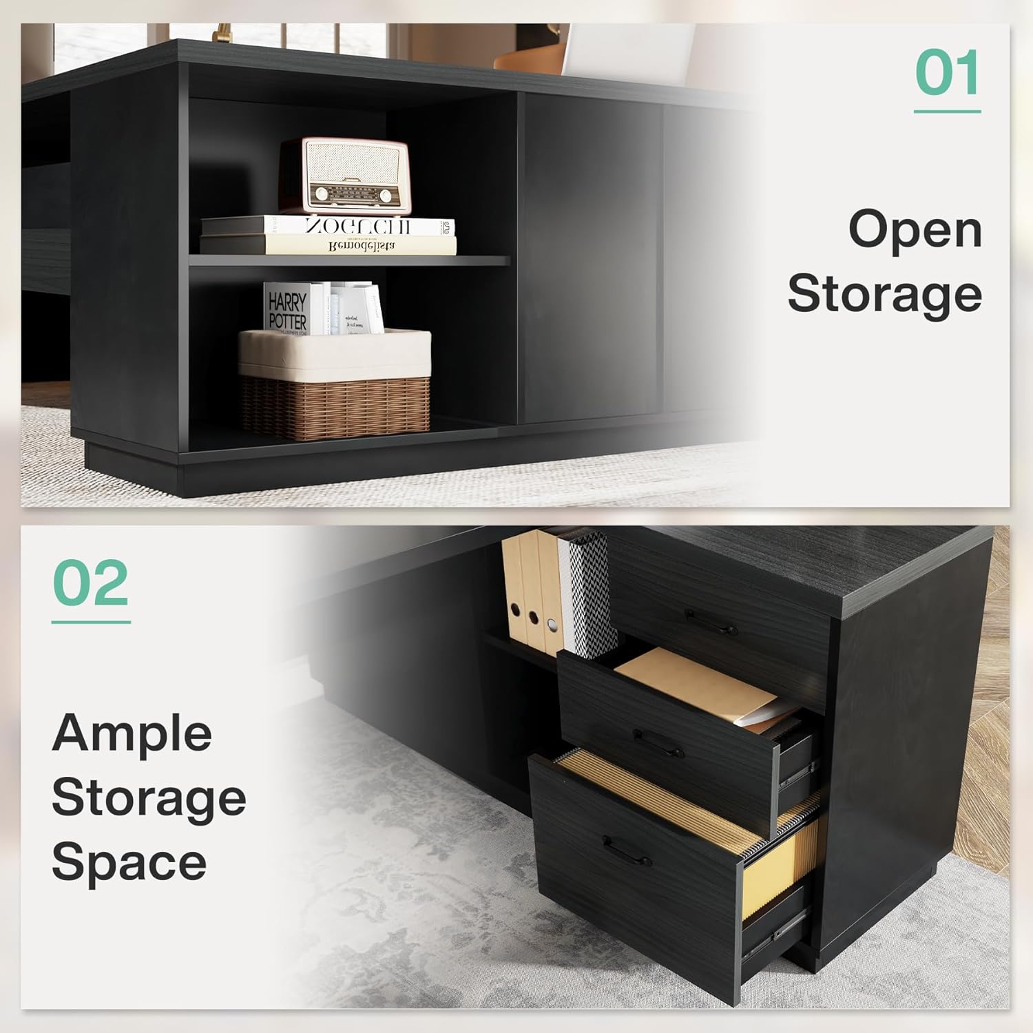 Tribesigns L-Shaped Executive Desk, 78-Inch Modern Office Desk with Drawers and Lateral File Cabinet, Large Bussiness Furniture with Storage Shelves, Workstation for Home Office (Grey + Black)