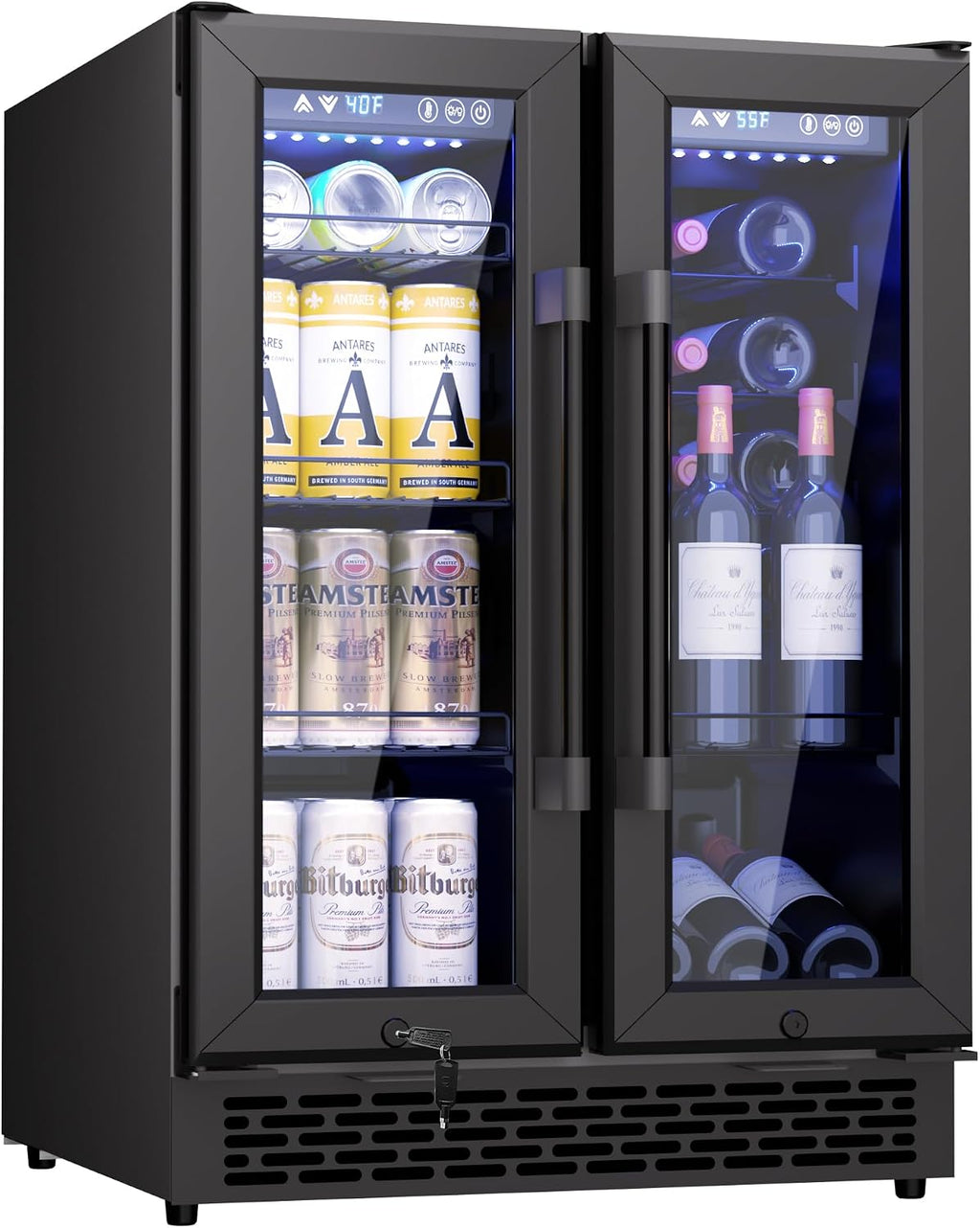 Under Counter Beverage Refrigerator – 160 Can & 20 Bottle Capacity, Dual Zone Built-In Beverage Cooler with Glass Door and Quiet Advanced Cooling System, Ideal for Beer, Wine, Soda