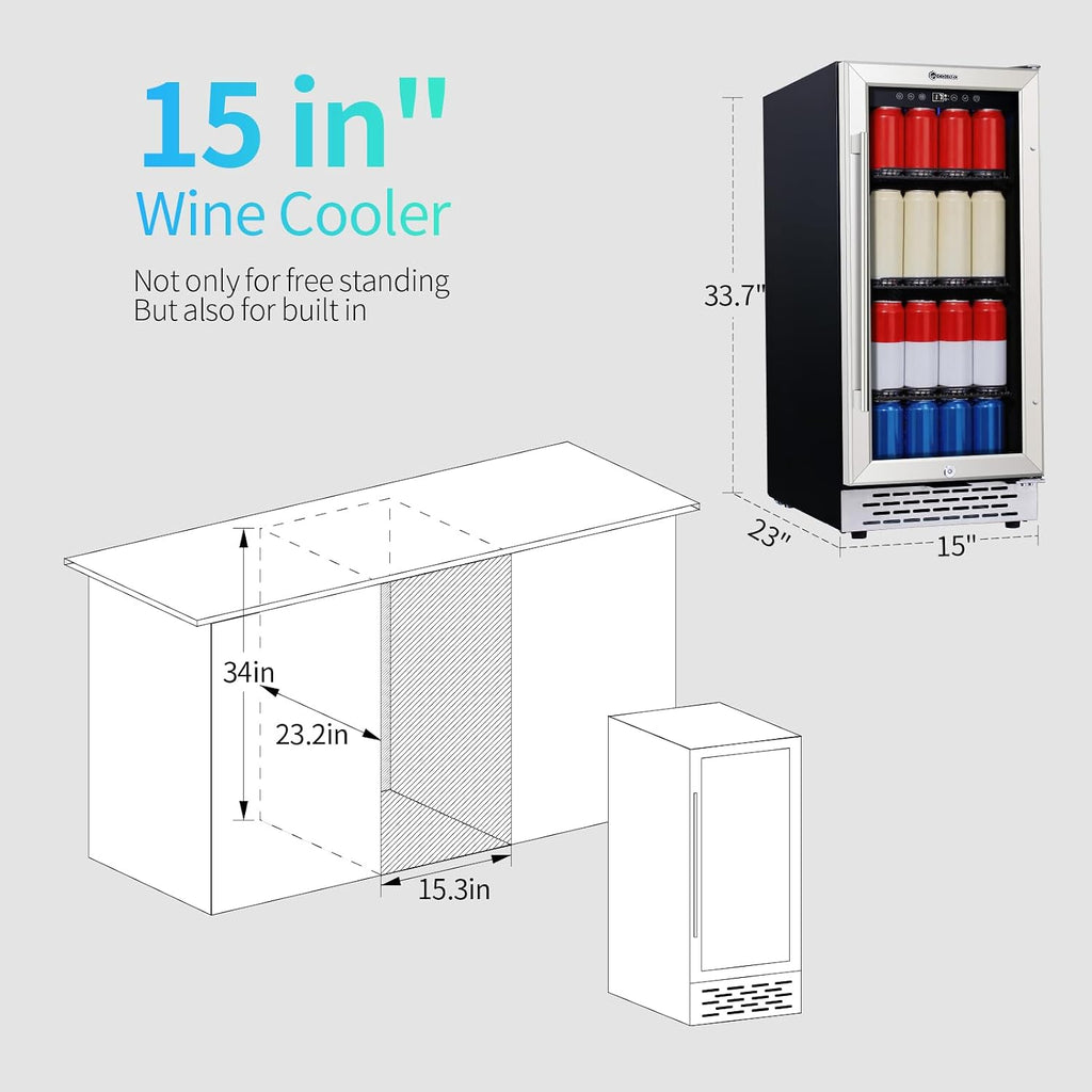 15 Inch Beverage Refrigerator Under Counter, 130 Cans Beverage Fridge with Tempered Glass Door & Lock, 37-65°F Beverage Cooler For Home/Bar, Built-in/Freestanding Mini Drink Cooler(3.53 cu.ft)
