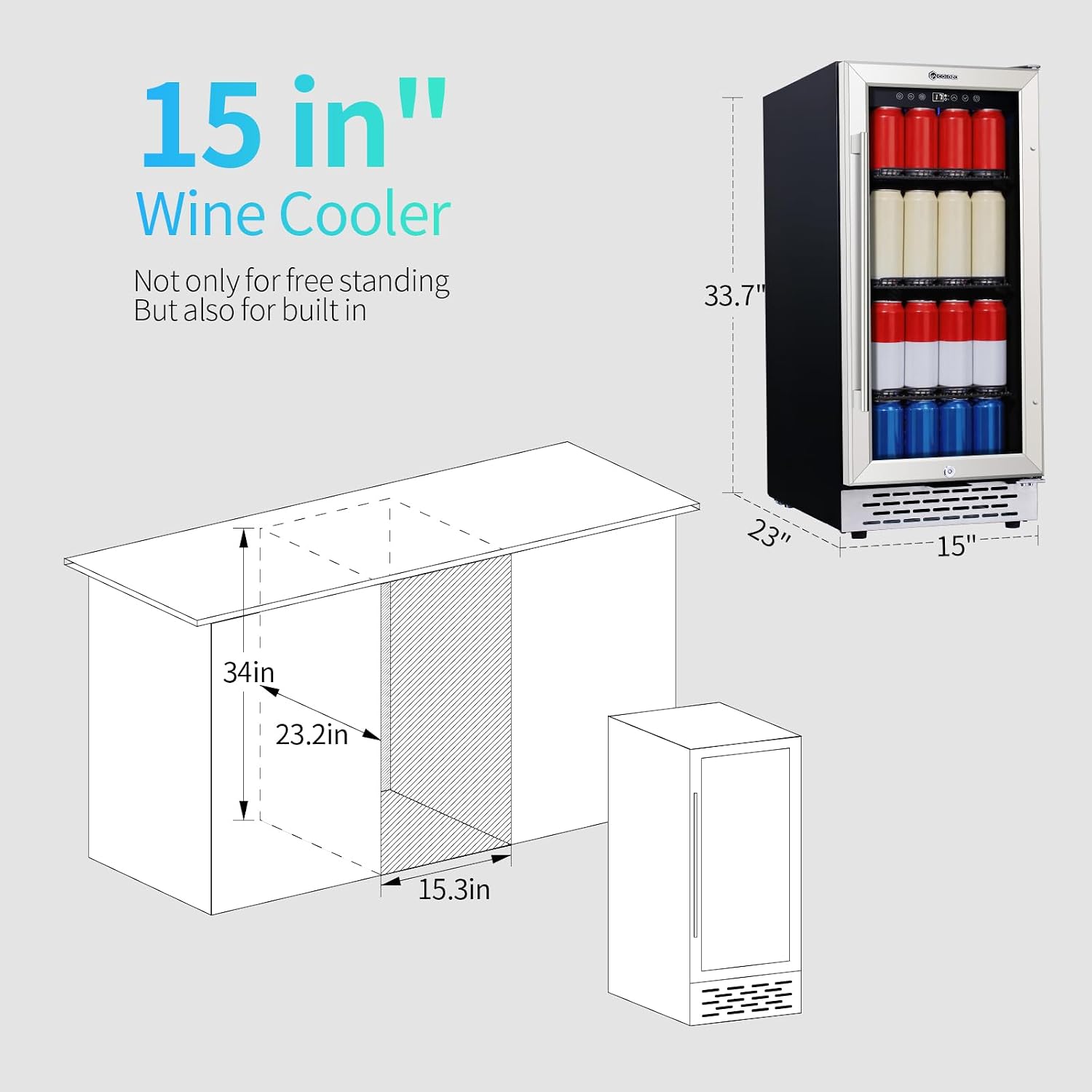 15 Inch Beverage Refrigerator Under Counter, 130 Cans Beverage Fridge with Tempered Glass Door & Lock, 37-65°F Beverage Cooler For Home/Bar, Built-in/Freestanding Mini Drink Cooler(3.53 cu.ft)