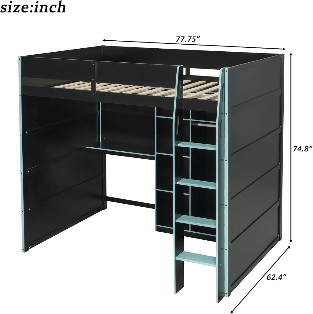 Merax Wood Loft Bed with Desk, Open Wardrobe, Storage Compartments and RGB Lights, Full Size, Cloud Blue