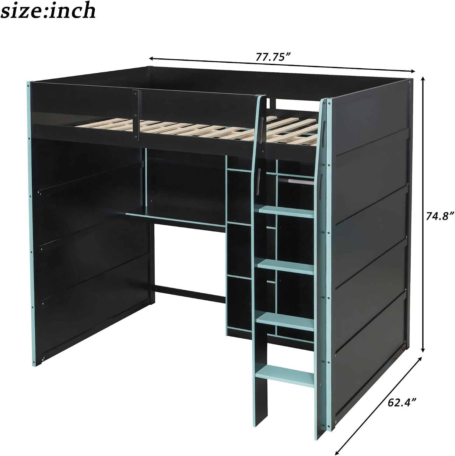 Merax Wood Loft Bed with Desk, Open Wardrobe, Storage Compartments and RGB Lights, Full Size, Cloud Blue
