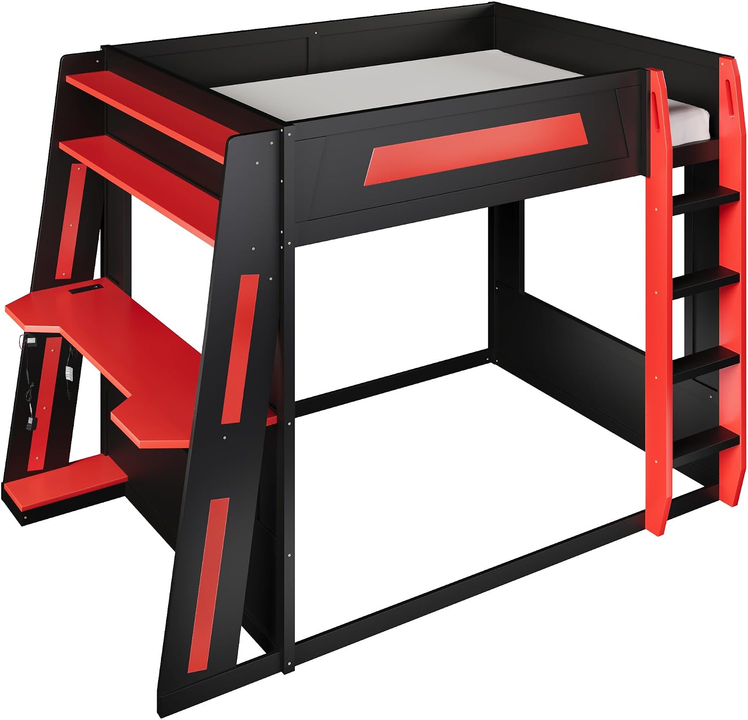 Queen Size Wooden Gaming Bunk Bed with Desk, Two Storage Shelves, USB and LED Light, Sturdy Loft Bed for Gamers & Small Spaces (Black+Red1)