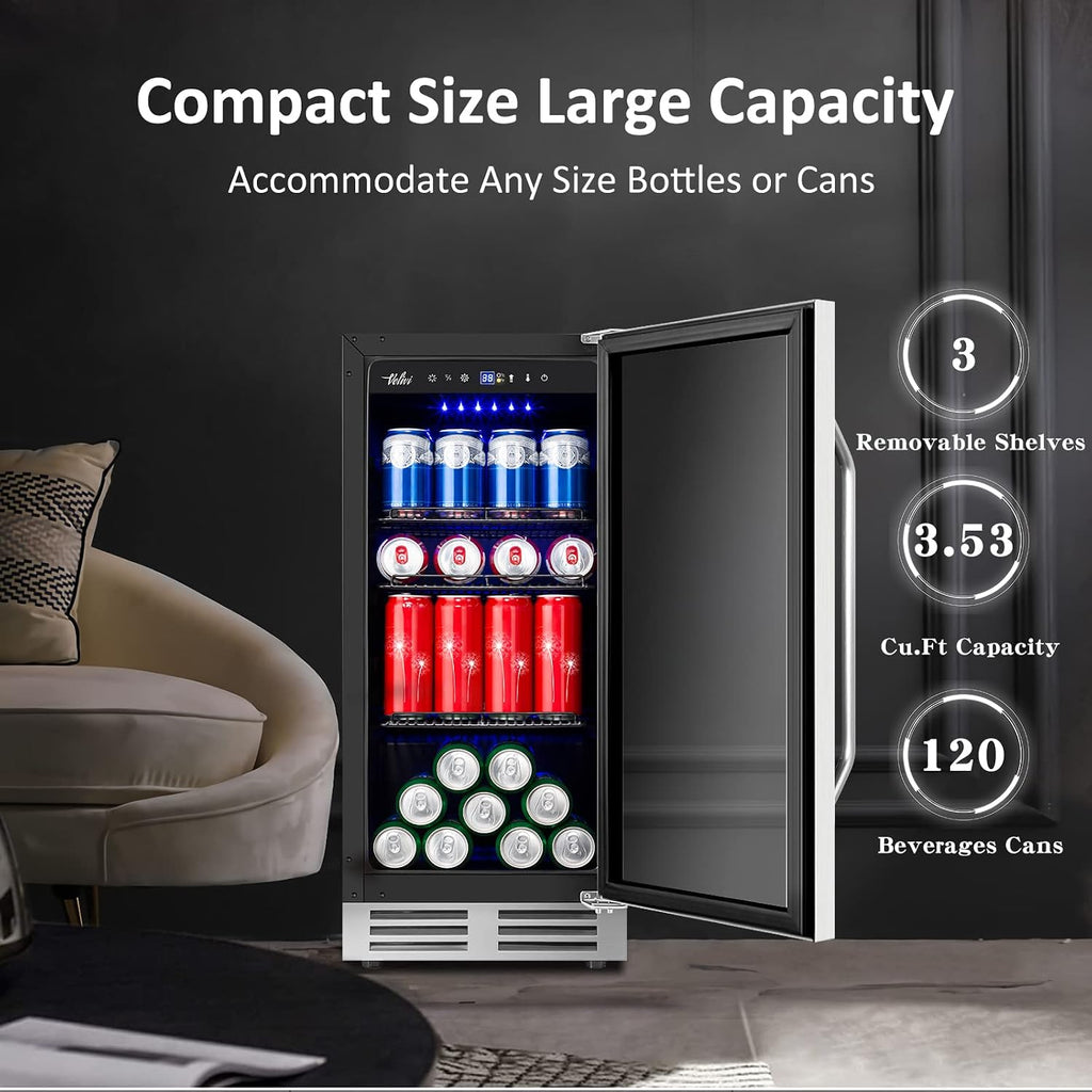 Velivi 15 Inch Beverage Refrigerator and Cooler - 125Cans Capacity Mini Beer Drink Fridge with Glass Door and Lock Under Counter Built-in or Freestanding - for Soda, Beer, Wine - for Home Bar Kitchen