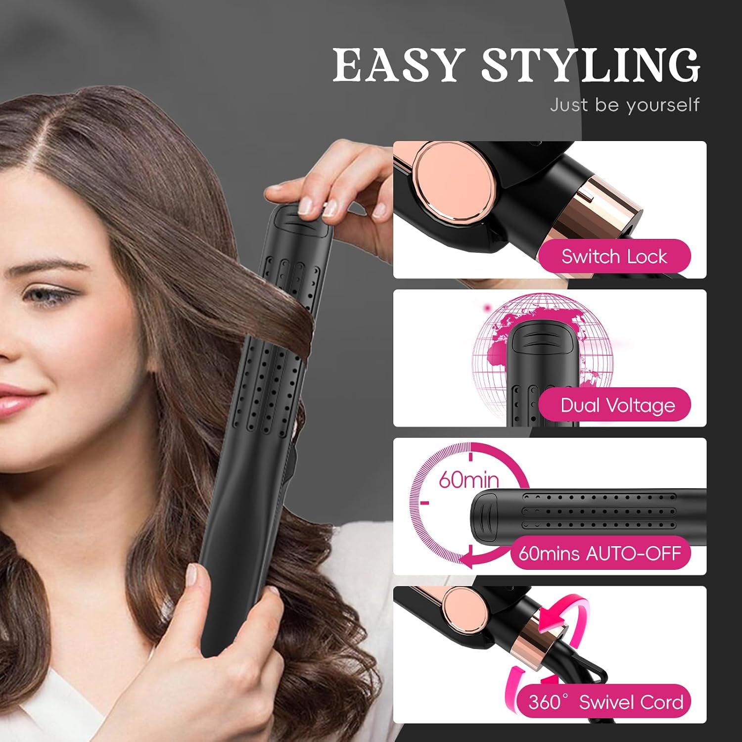 SKIMI Airflow Styler 2.0 Titanium Flat Iron Hair Straightener & Curling Wand, 96 Cool Air Vents for 48H Lasting Style, Dual Voltage for Travel & Home, Anti-Tangle, 5 Temps (Black & Blush).