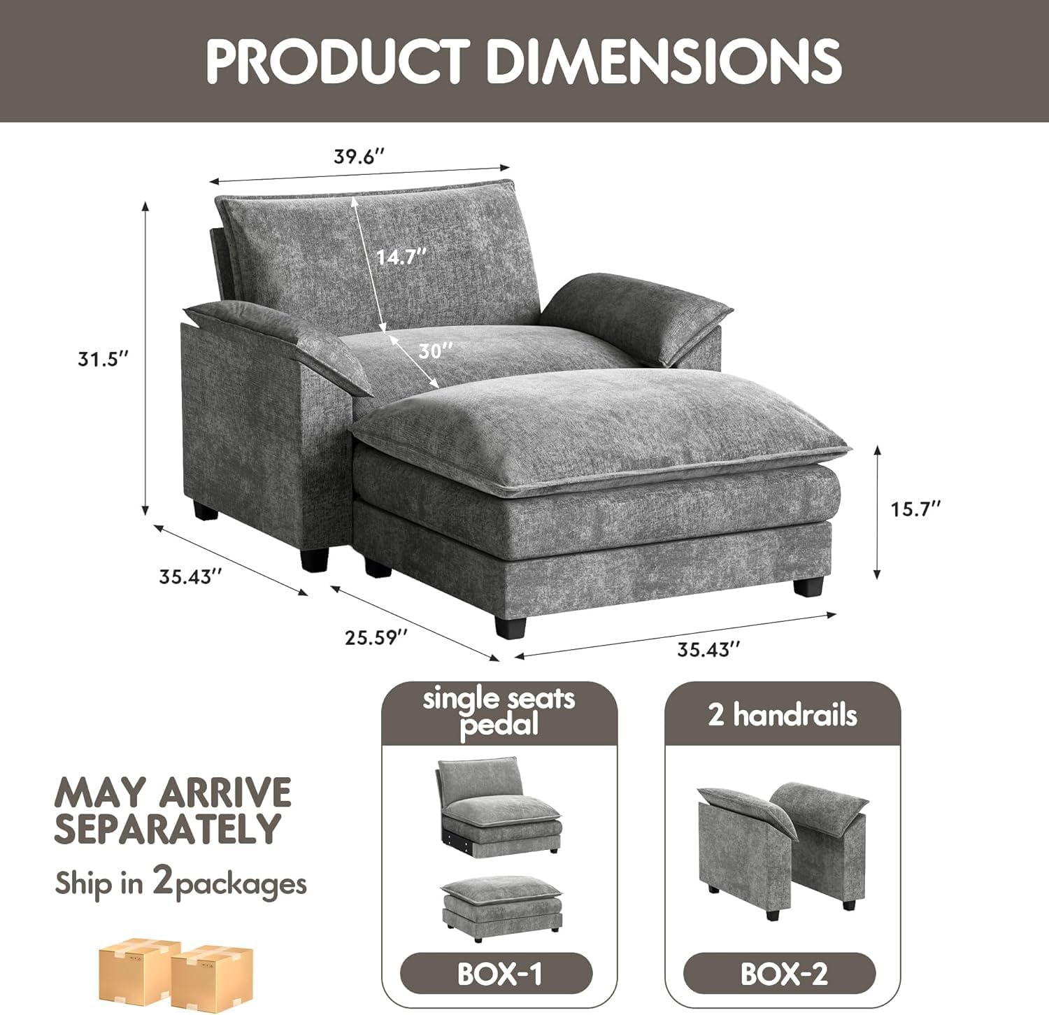 Homall 40' Modular Sectional Sofa, Single Sofa Couch with Reversible Ottoman, DIY Combination Chenille Deep 1-Seat Cloud Couch for Living Room, Apartment (Light Grey, Single Sofa Chair)