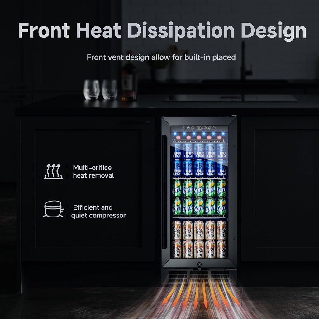 15 Inch Beverage Fridge, 132-Can Capacity Under Counter Refrigerator with Blue LED Display, Beverage Refrigerator with Glass Door & Adjustable Shelves for Home, Bar, Office (Black)
