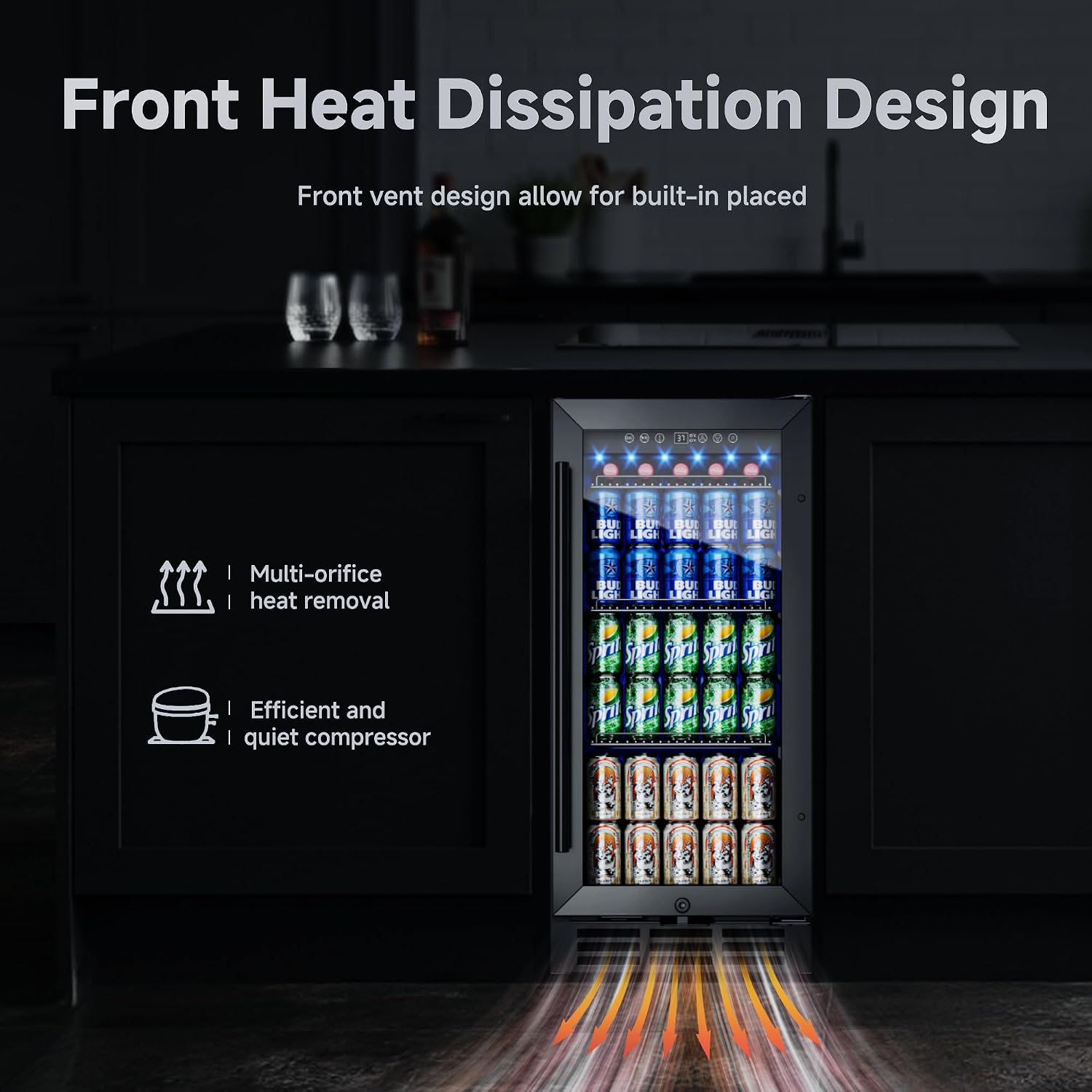 15 Inch Beverage Fridge, 132-Can Capacity Under Counter Refrigerator with Blue LED Display, Beverage Refrigerator with Glass Door & Adjustable Shelves for Home, Bar, Office (Black)