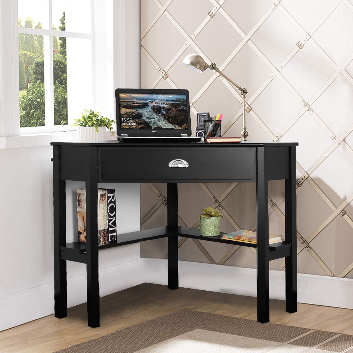 Corner Computer Desk, Space-Saving Corner Table with Drawer & Shelves, Home Office 90° Triangle Corner Workstation, Modern Makeup Vanity Table, Small Corner Desk for Small Spaces (Black)
