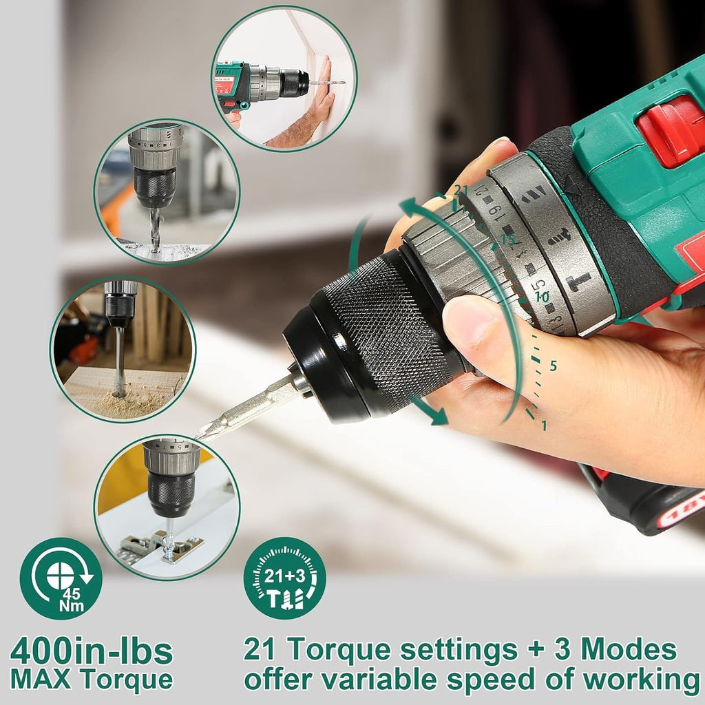 HYCHIKA 18 V Max Cordless Impact Wrench, Cordless Hammer Drill Driver 18V, 2-Tool Power Tool Combo Kit