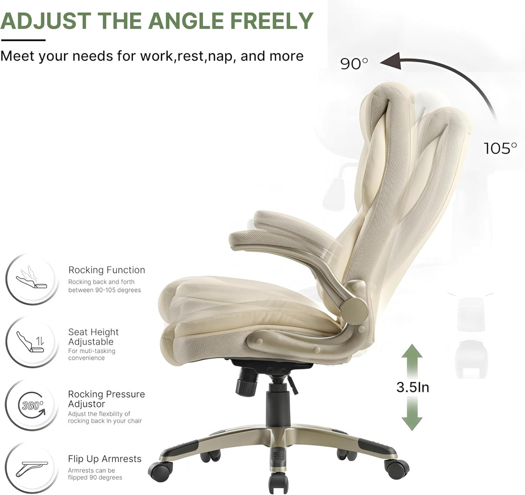 EUREKA ERGONOMIC Galene Executive Office Chair Flip Up Arm Rest, Ergonomic Desk Chair Faux Leather Computer Chair, High Back Office Chair with Headrest, Home Office Desk Chairs with Wheels, Beige