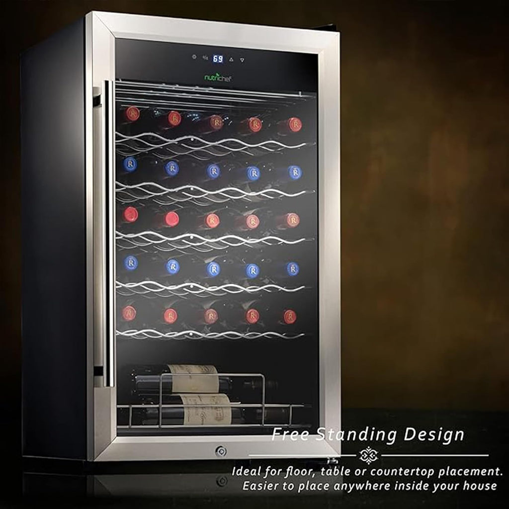 Nutrichef 34 Bottle Wine Fridge - Single Zone Beverage Refrigerator with Adjustable Temperature 41°F - 64°F, Ultra Quiet Operation Wine Cooler for Home, Office & Kitchen, Stainless Steel