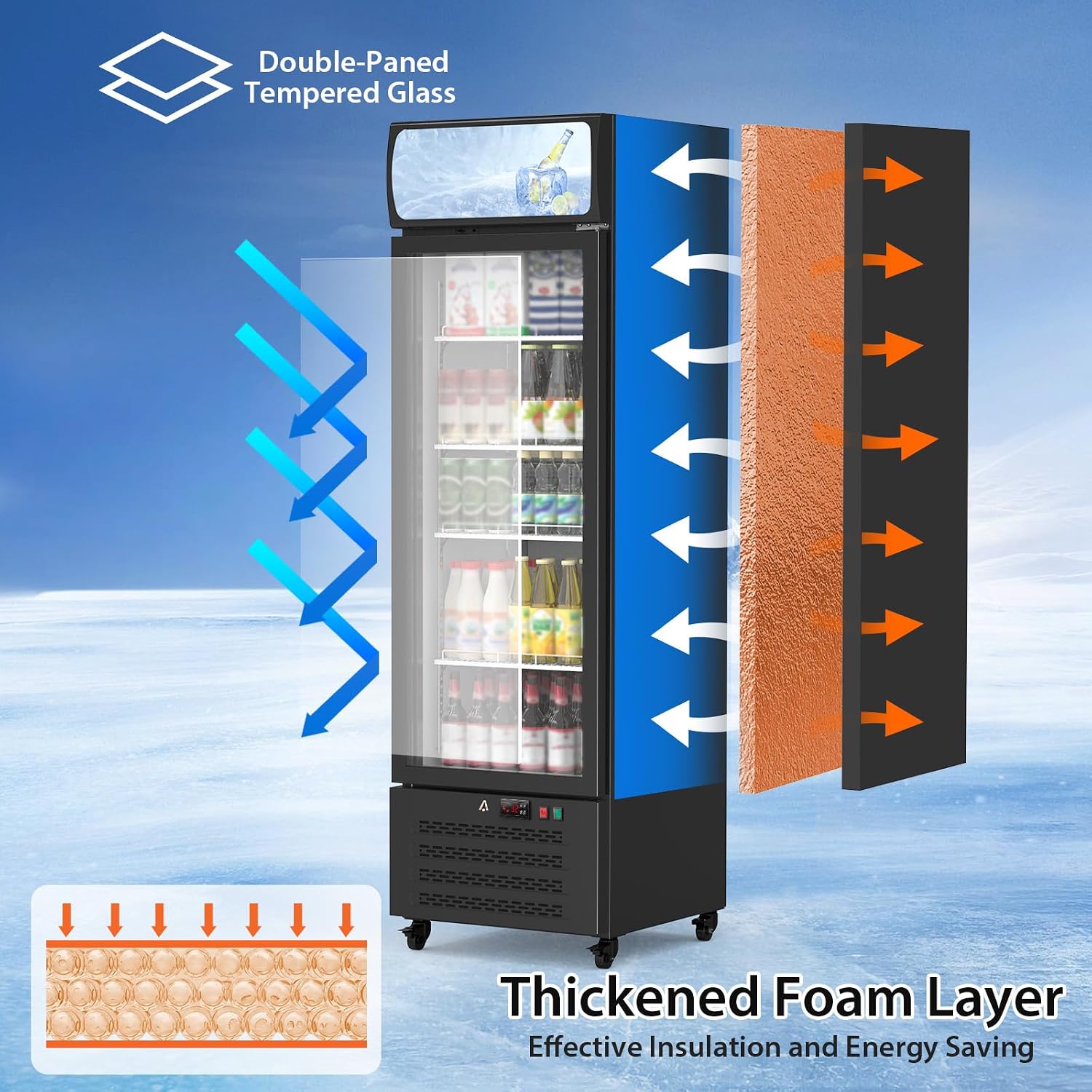 IDEALHOUSE 13.4 Cu.Ft Commercial Display Refrigerator, Single Glass Door Beverage Cooler with 4 Adjustable Shelves & LED Lighting, Black Drink Fridge for Store or Home