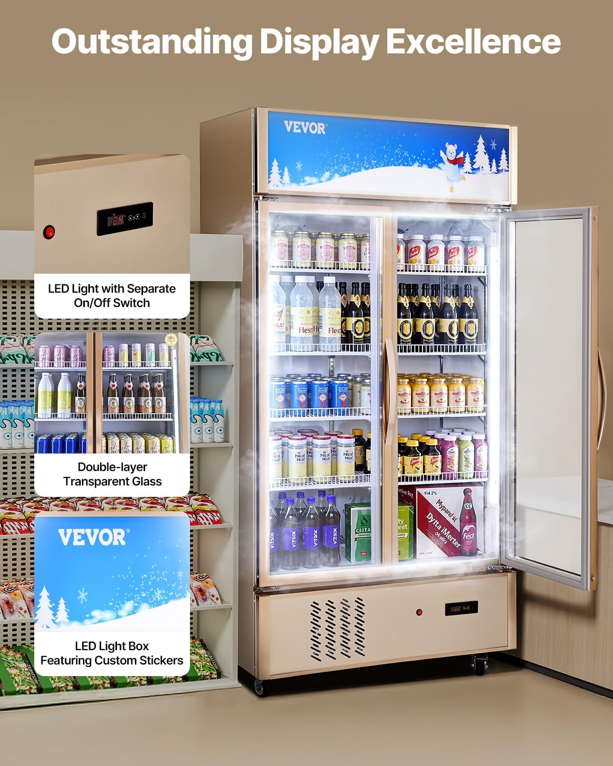 VEVOR Commercial Merchandiser Refrigerator 2 Glass Doors, 23 Cubic Ft, Upright Display Beverage Cooler 79' Tall x 39.4' Width, Fridge with LED Lighting for Drink Wine Soda, Gold