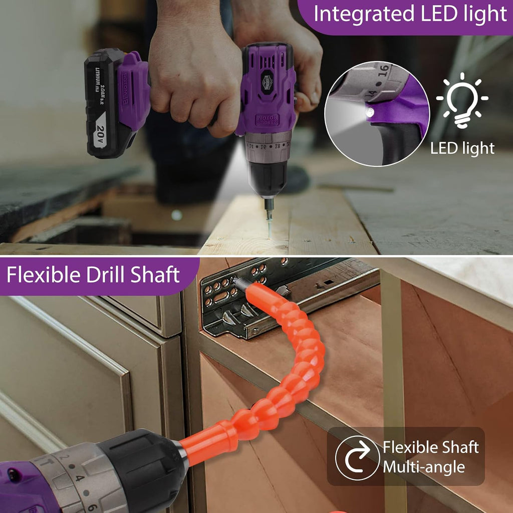 Purple Brushless Cordless Drill Set, 20V Compact Power Driver Kit with Electric Motor, 20+3 Torque Setting, 48 N.m, 2 Variable Speed, 23pcs Driver Bits, and Tool Box for Women Men Home DIY