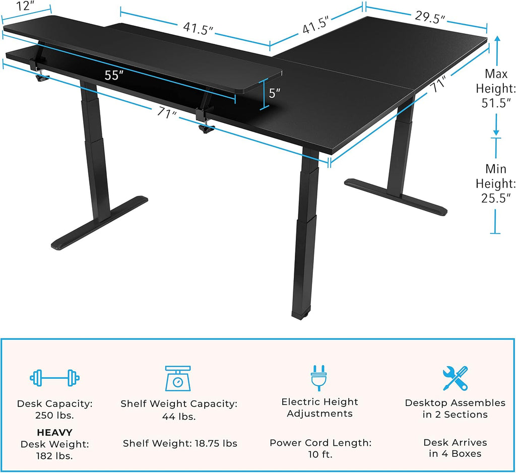 Stand Steady Tranzendesk Power | Extra Large 71 Inch Electric L-Shaped Standing Desk | Giant Corner Stand Up Desk & Sit Stand Workstation| Ergonomic Computer Desk Fits 4 Monitors (Black/71in)
