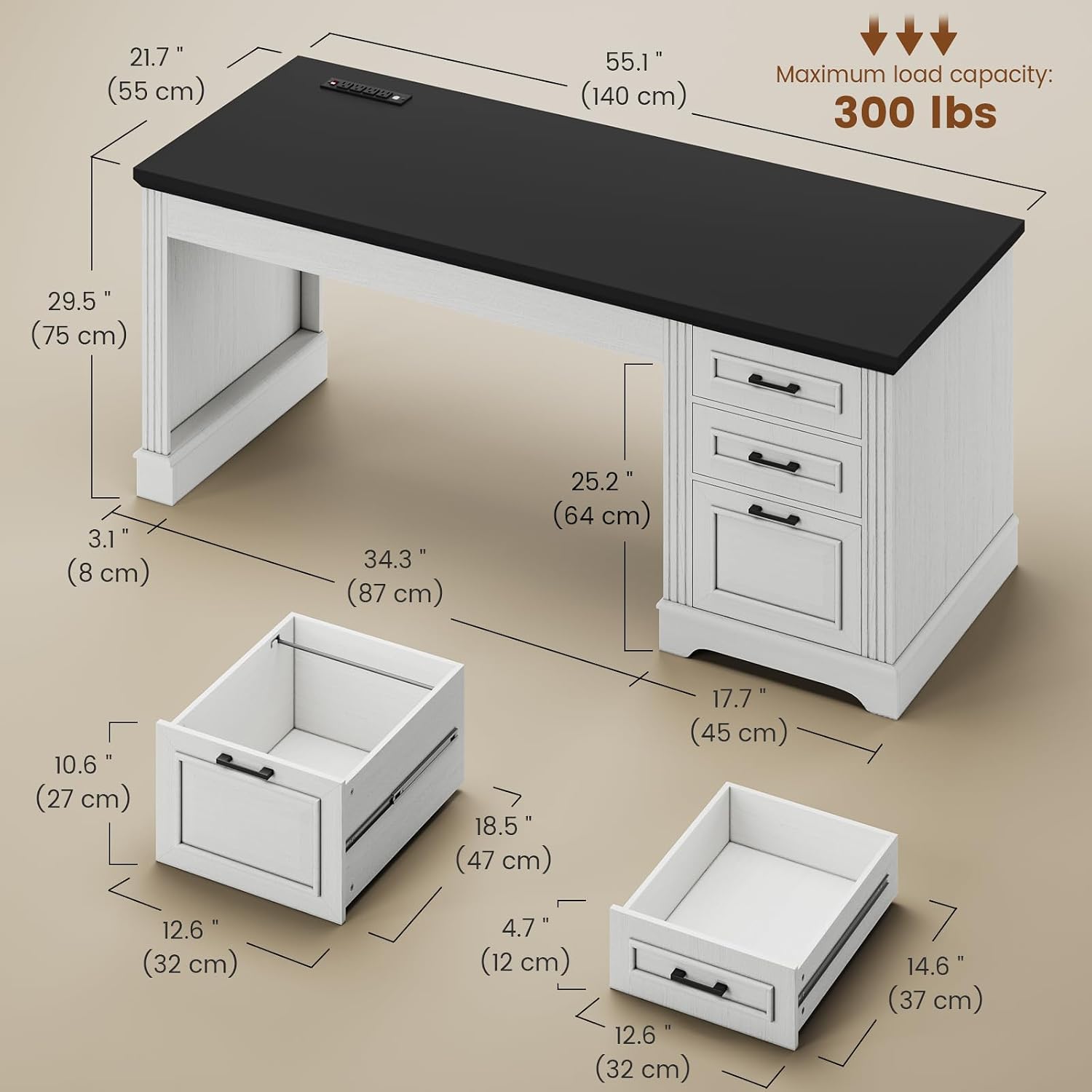 Itaar Farmhouse 55' Executive Desk, Computer Desk with Storage Drawers and Power Outlet, Home Office Desk, Workstation for Office Home, White
