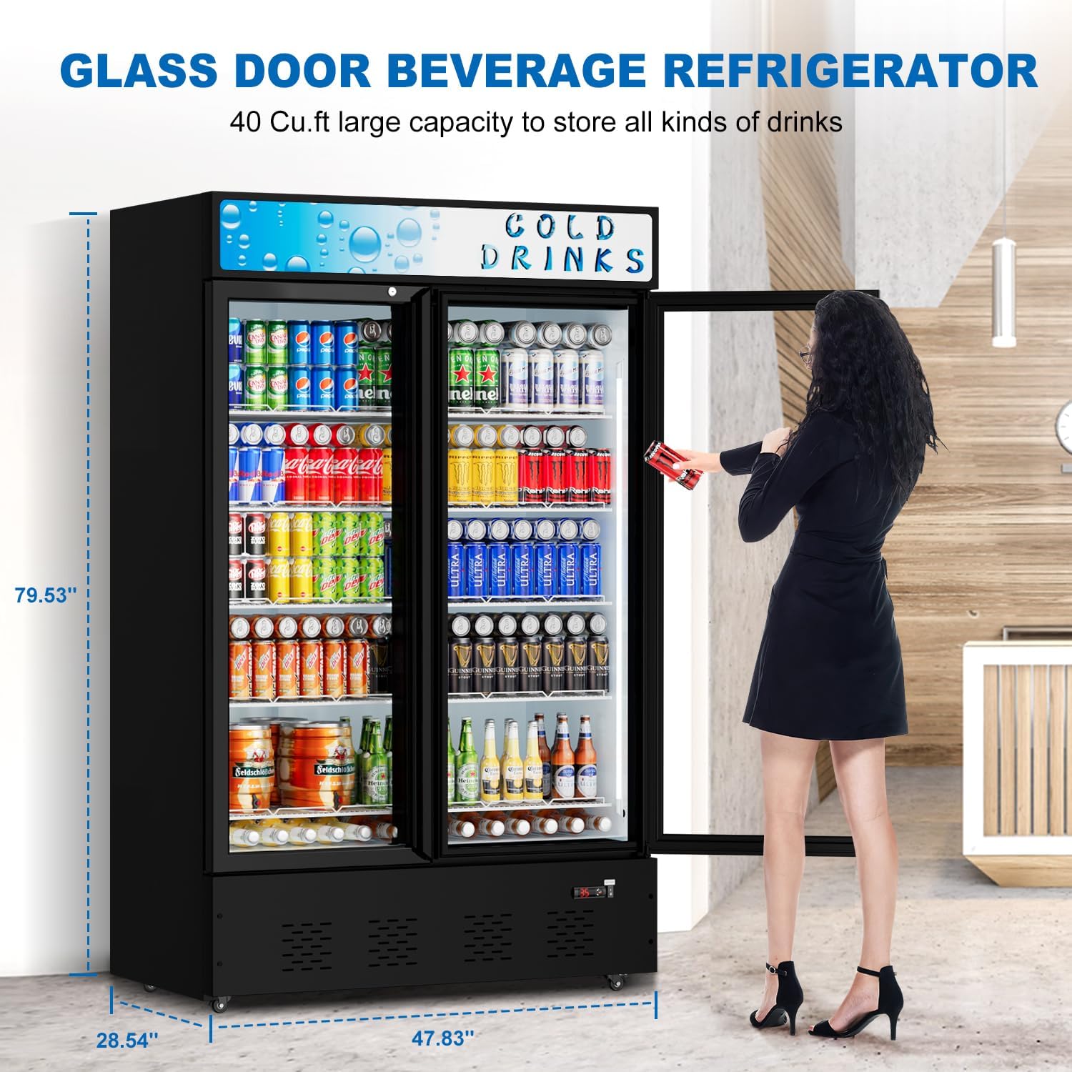 Commercial Beverage Refrigerator, 40 Cu.ft.Display Fridge Glass Door Upright Display Door with Adjustable Shelves LED Light for Restaurant,Grocery Stores,Office
