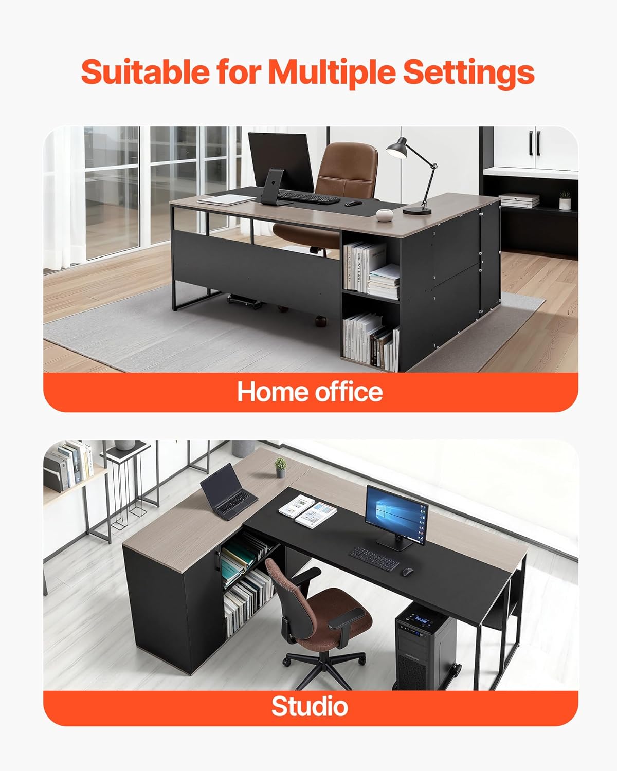 VEVOR 71' L-Shaped Executive Desk, Large Computer Desk with Drawers, File Storage Cabinet, CPU Stand, 350 LBS Load Capacity Corner Table, Easy Assembly, for Work Study
