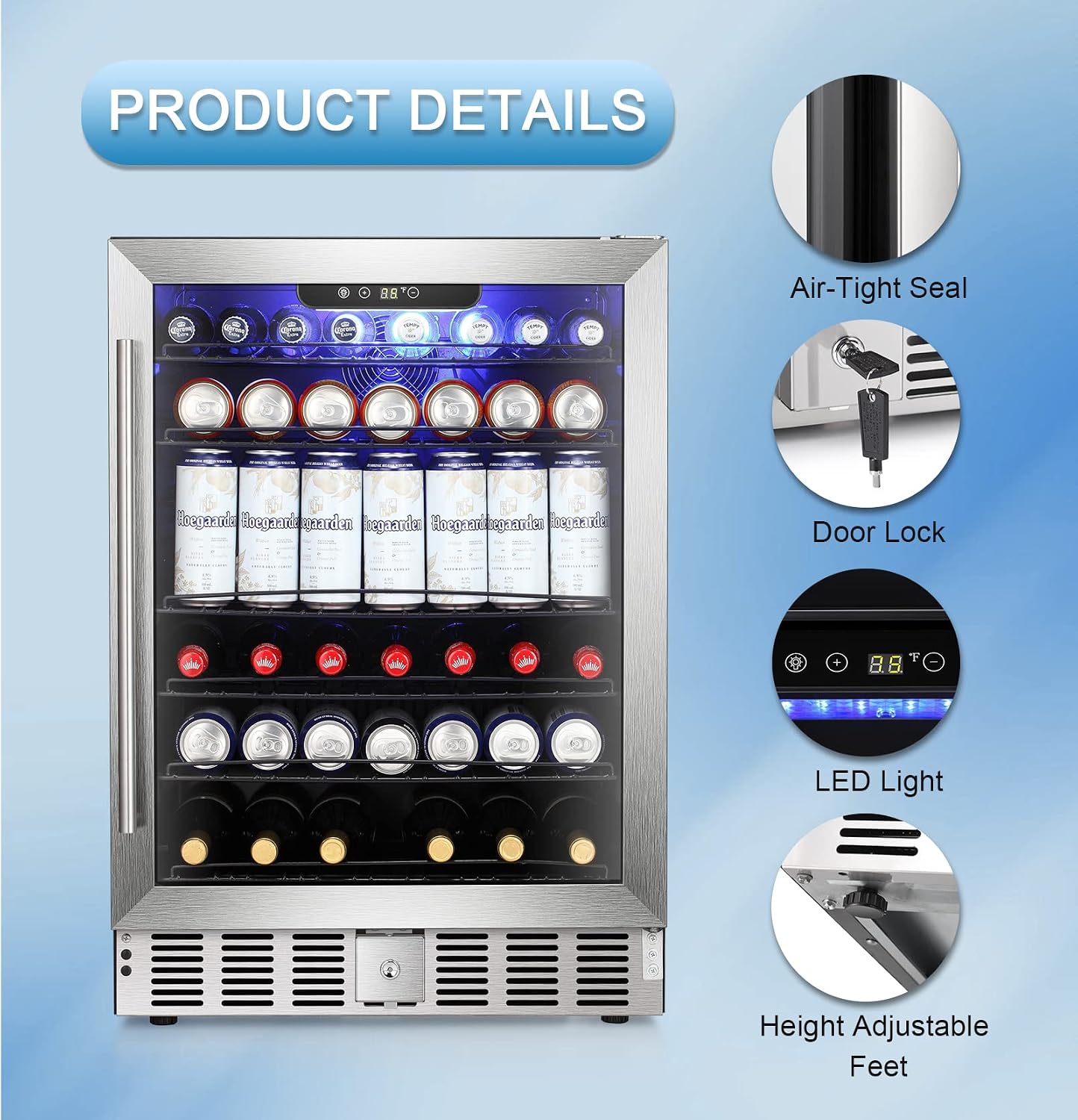 Antarctic Star 5.1 Cu.Ft Beverage Refrigerator,166 Can Wine Cooler,Low Noise,Transparent Glass Door, Efficient Cooling System with Safety Lock, for Home, Bar, Office, 24 Inch, Stainless Steel Silver